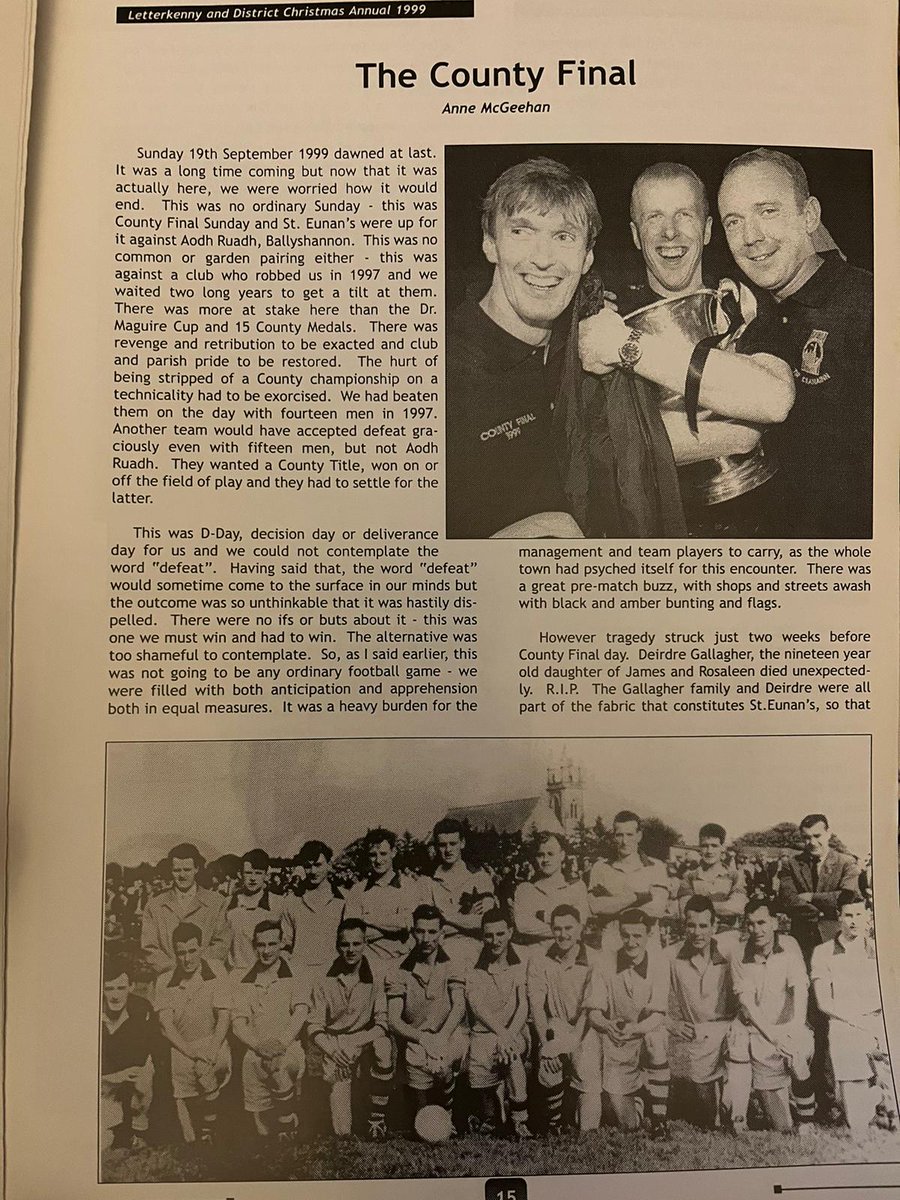 johnjazzharan's tweet photo. Looking forward to the 25 year anniversary celebrations @StEunansGAA Donegal SFC winners 1999 this weekend. The emotions of that great day captured by Anne Mc Geehin in the LK Xmas Annual. https://t.co/tSv5DsUjXj
