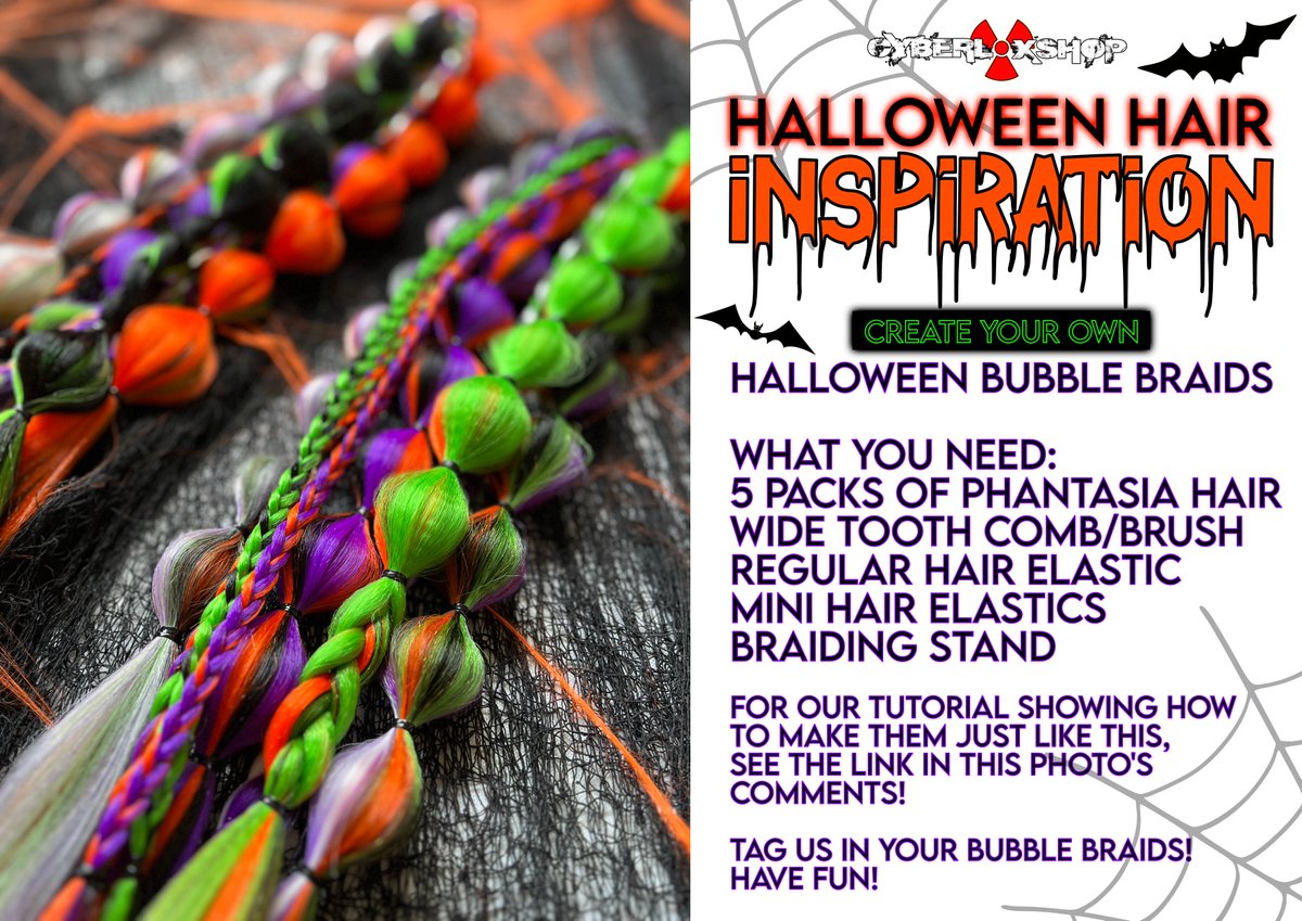 CyberloxShop's tweet photo. Get epic Halloween hair! Here's our tutorial on how to make these #bubblebraids https://t.co/QG8nL9grkJ Need hair? Visit https://t.co/0yJUrHQ3KF - We ship worldwide! #halloween #halloweenhair #festivalbraids #festivalhair https://t.co/3V7sttY65F