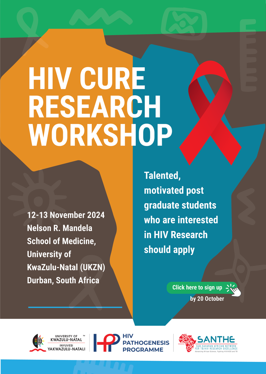 SANTHEafrica's tweet photo. Exploring a career in #HIVcure research working with Africa's leading scientists?
APPLY BY 20 OCT: https://t.co/qlOEFC0cgL
Note: transport/accommodation not provided unless specified, so only apply if local or have travel support.
@UKZNCHS @ULvarsity @HPP_Research  @AHRI_News https://t.co/Gcfok9zBD9