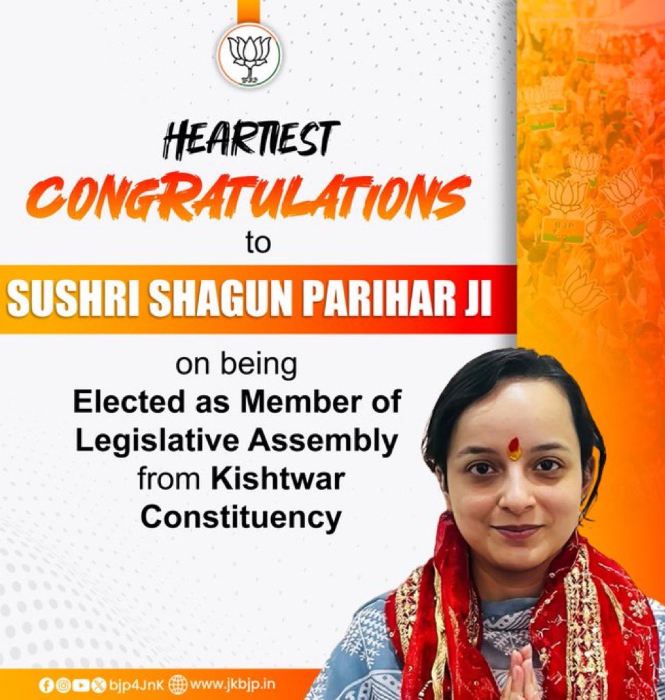 BJPMM4JK's tweet photo. Heartiest congratulations to Sushri @ShagunParihar_ Ji on being Elected as Member of Legislative Assembly from Kishtwar Constituency. https://t.co/OmgzBXbFKB