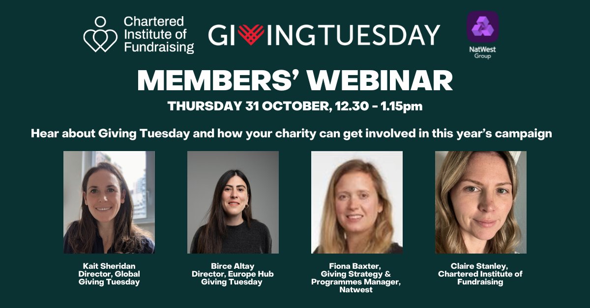 There's still time for our members to register for our Giving Tuesday webinar happening on 31 October.

Speakers include Fiona Baxter, Giving Strategy &amp; Programmes Manager at Natwest, on how to get your donations match-funded.

Register now: bit.ly/4d5Hqz0
