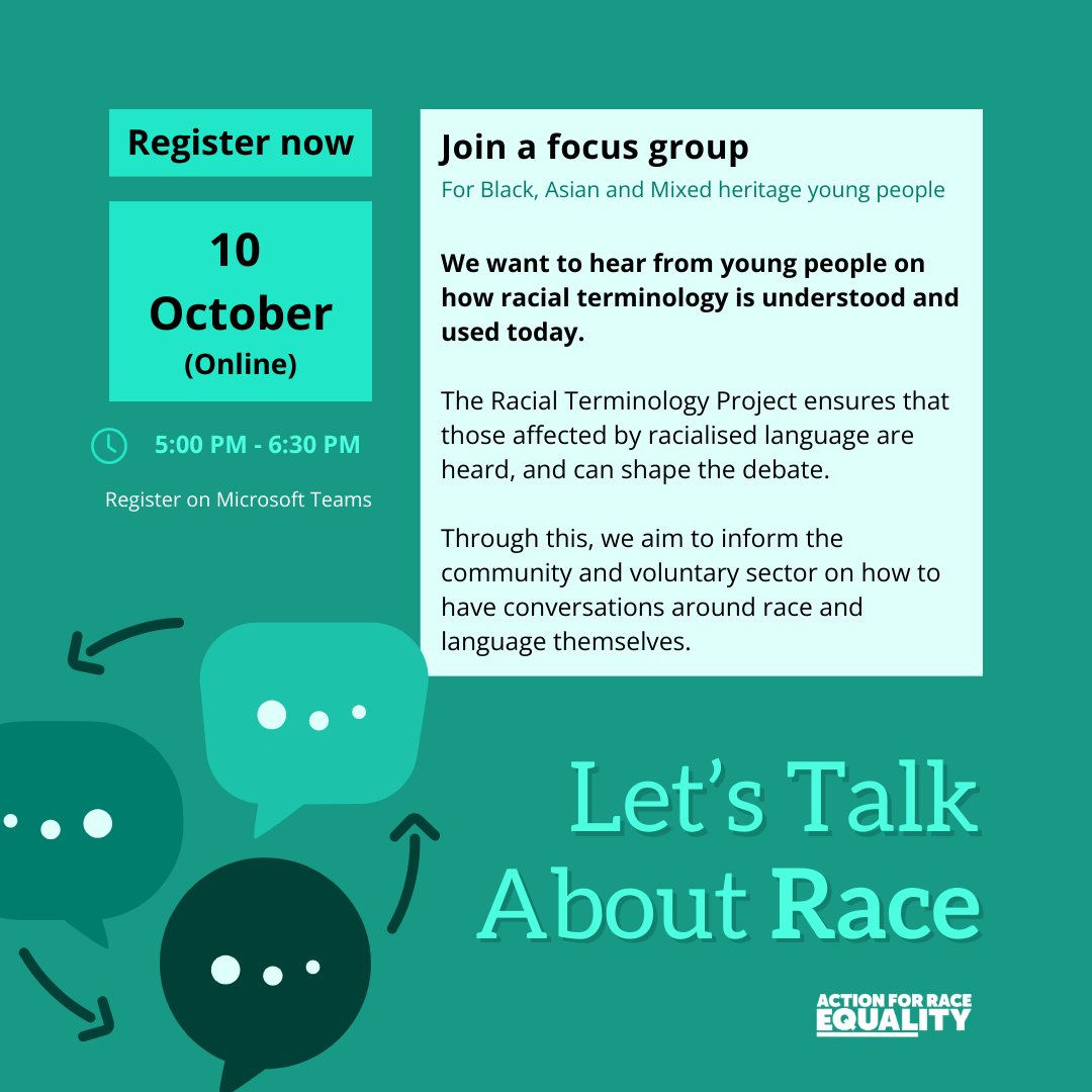 We’re hosting focus groups for Black, Asian and Mixed heritage young people to discuss racial terminology.

Share with any young people you know, so they can help shape the way we talk about race and ethnicity.  

10th October: shorturl.at/yYGXE 

#RacialTerminology