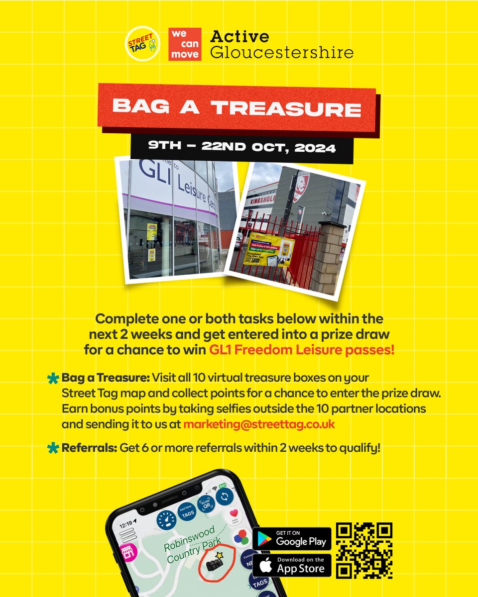 It's Challenge Time: Bag A Treasure!

Complete one or both of the tasks to get entered into a prize draw!

💰Bag a Treasure
📲Refer 6 friends

This challenge Starts on the 9th October!

<a href="/streettaghq/">Street Tag</a>

#ActiveGloucestershire #WeCanMove #StreetTagGloucester