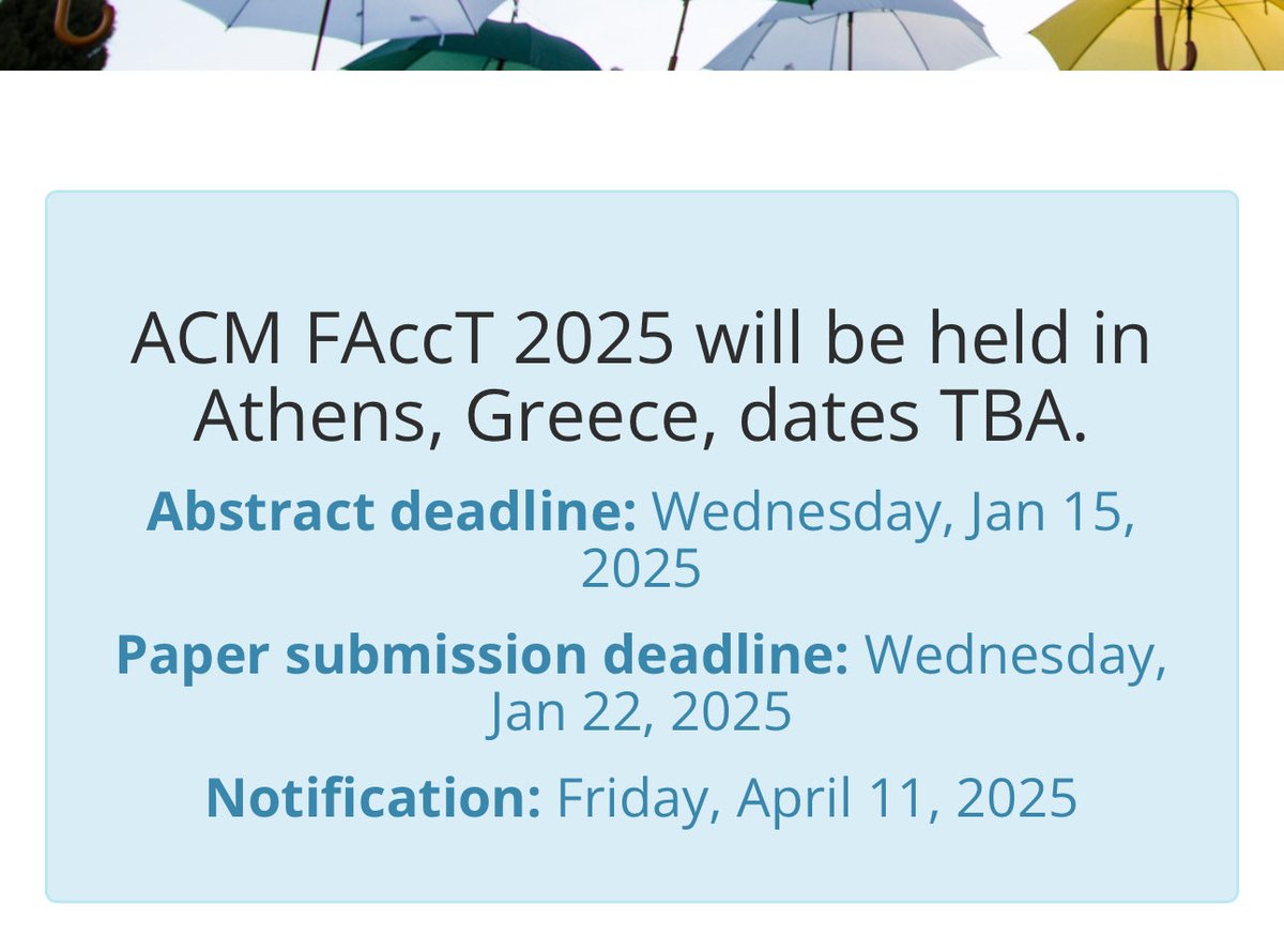 Shakir Mohamed (@shakir_za) on Twitter photo I’m honoured to be one of the <a href="/FAccTConference/">ACM FAccT</a> Programme Chairs this year, alongside the amazing <a href="/jennwvaughan/">Jenn Wortman Vaughan</a> <a href="/sinafazelpour/">Sina Fazelpour</a> <a href="/TaliaGillis/">Talia Gillis</a> 🤩 and we’ve been hard at work already. The CFP is coming soon, but the key dates everyone are now set. Happy paper planning 🚀 I’m honoured to be one of the <a href="/FAccTConference/">ACM FAccT</a> Programme Chairs this year, alongside the amazing <a href="/jennwvaughan/">Jenn Wortman Vaughan</a> <a href="/sinafazelpour/">Sina Fazelpour</a> <a href="/TaliaGillis/">Talia Gillis</a> 🤩 and we’ve been hard at work already. The CFP is coming soon, but the key dates everyone are now set. Happy paper planning 🚀