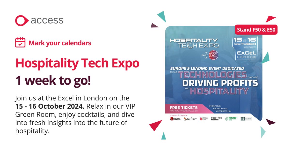 Only 1 weeks to go until <a href="/hospotechuk/">Hospitality Tech Expo</a> 2024 😁 Don't miss the chance to relax in our VIP Green Room, enjoy cocktails, and dive into fresh ideas with music and inspiring talks. We’d love to catch up with you there! 🤝 ow.ly/AeZU50TyHEm
#HOSPOB2B #HOPSTECH24