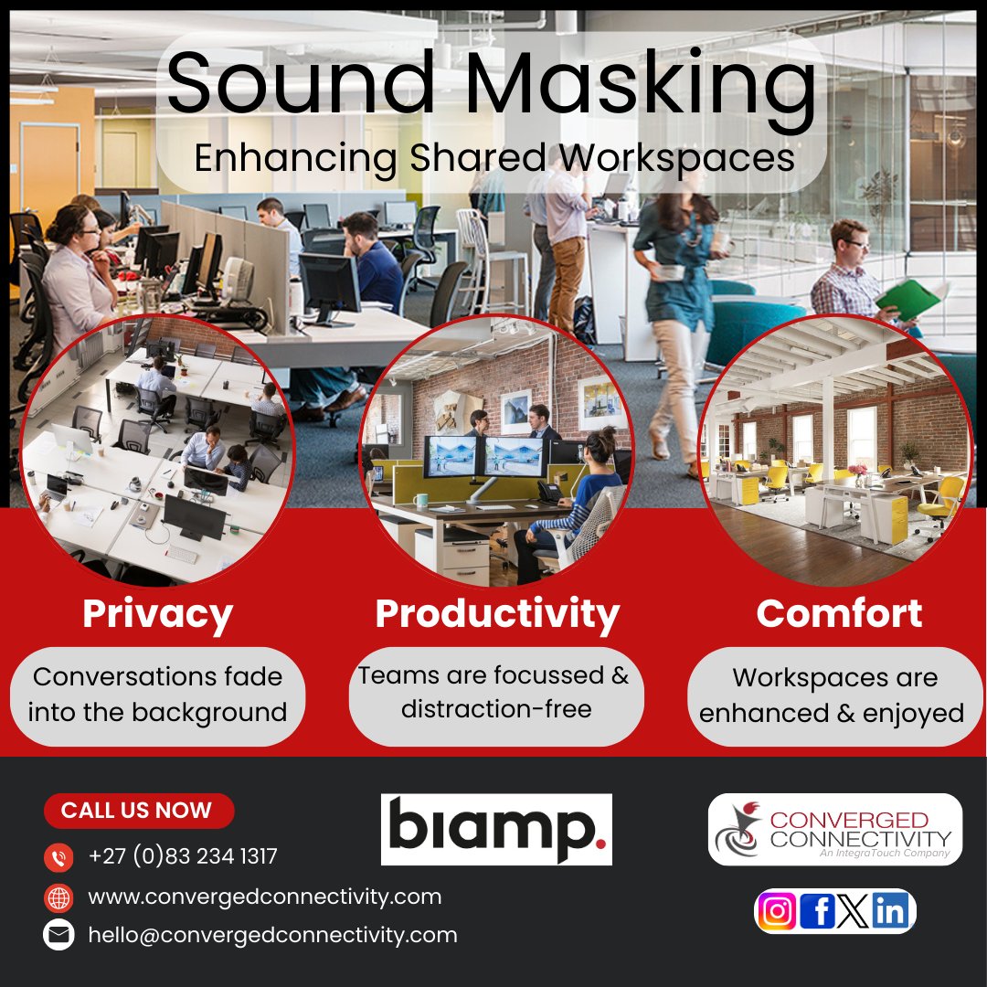WeConverge's tweet photo. Sound masking brings calm &amp; focus. This specially tuned ambient sound reduces the intelligibility of distant conversations, enhancing confidentiality and boosting productivity.
#SoundMasking #WorkplaceProductivity #Confidentiality #Focus #WhiteNoise #SpeechPrivacy https://t.co/QvVawpa6GB