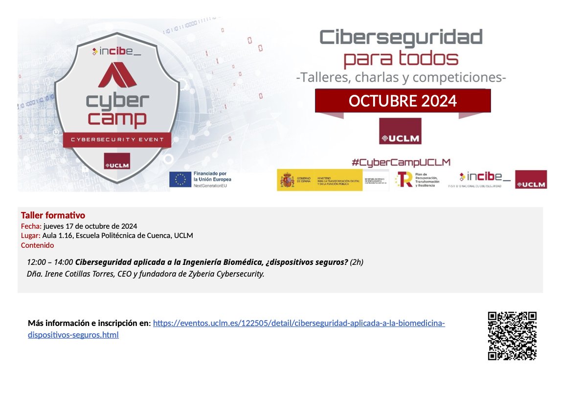 politecnicacu's tweet photo. ¿Te interesa cómo aplicar la ciberseguridad en ingeniería biomédica? 🛡️ Únete al taller técnico que impartirá @IreCoT en la #PolitécnicaCuenca el jueves 17 de octubre de 12:00h a 14:00h.

¡No te lo pierdas! 

#IoTM #Ciberseguridad #IngenieríaBiomédica #TallerTécnico https://t.co/u1z5LOeueL
