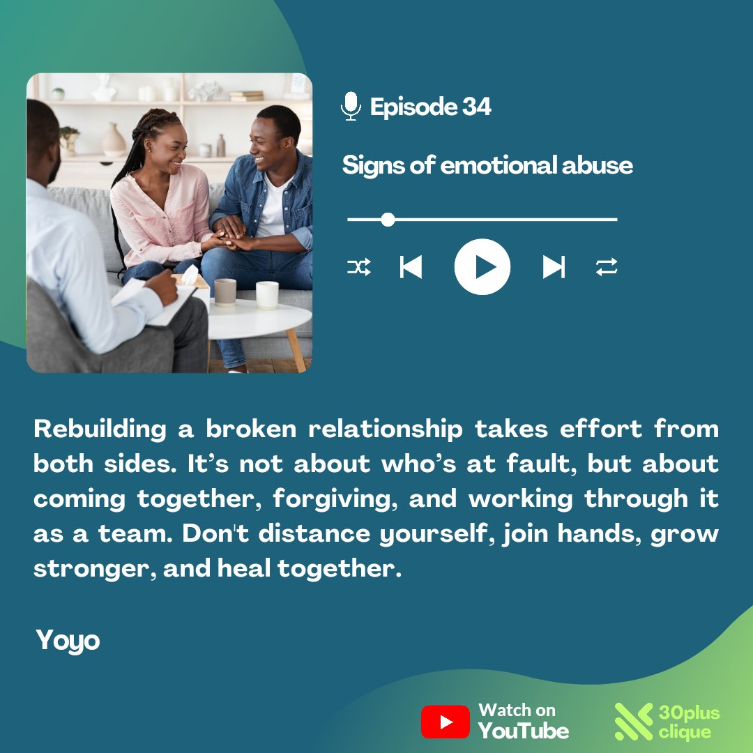 30plusclique's tweet photo. Forgiveness and reconciliation are not easy steps but are often the only way forward towards rebuilding your relationship.

Watch podcast on YouTube @30plusclique

#30plusclique #emotionalabuse #forgiveness #reconciliation #speeddarlington #bigwiz #davido #burnaboy #bbnaija https://t.co/3vcoDICURD