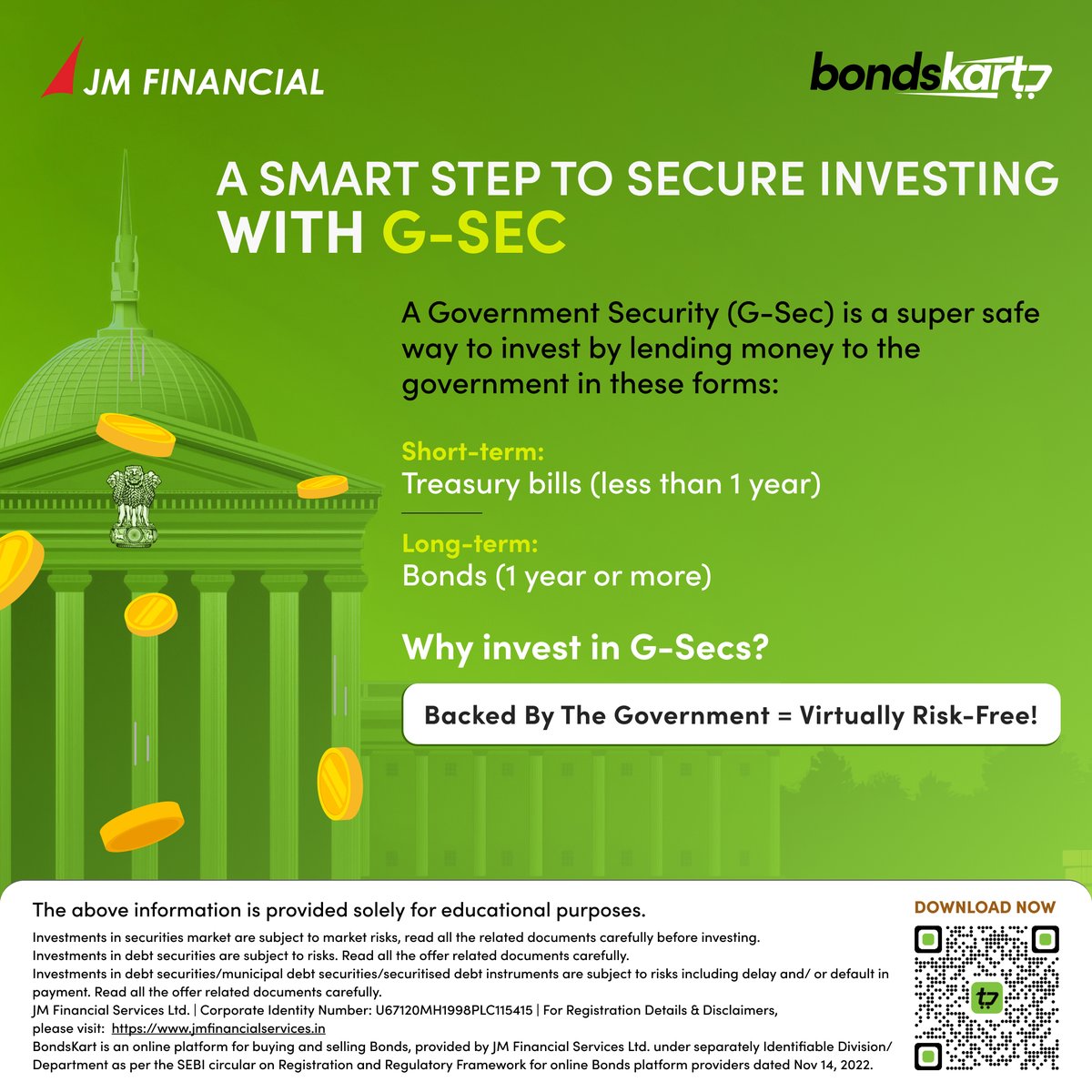 bondskart's tweet photo. G-Secs are the safest investment option backed by the government, offering guaranteed returns. Invest Today!

For more information and insights, follow Bondskart on social media and download Bondskart app now!

#gsec #investment #bondskart #bondsindia #govtbonds #goi https://t.co/xtXJIdG4P9