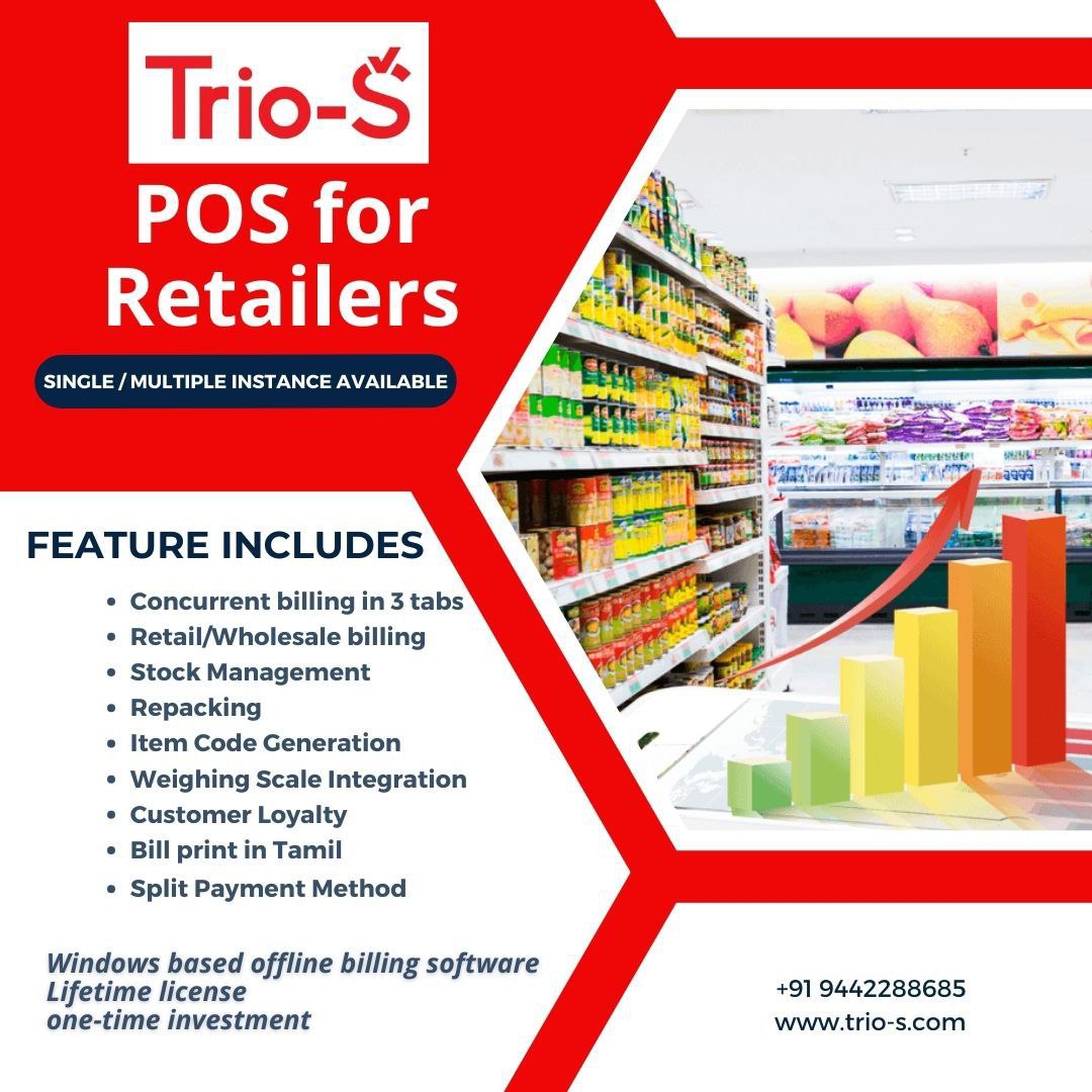 SakthiDevi5's tweet image. A Complete POS solution Thoughtfully crafted for Retailers!!! TRIO-S POS Billing Software!!! Price Starts from Rs.15000/- + Tax. LIVE ONLINE DEMO. For more details Call @ 8667243235 #triospos, #POSBilling, #posbillingsoftware, #textileshop, #restaurantbillingsoftware