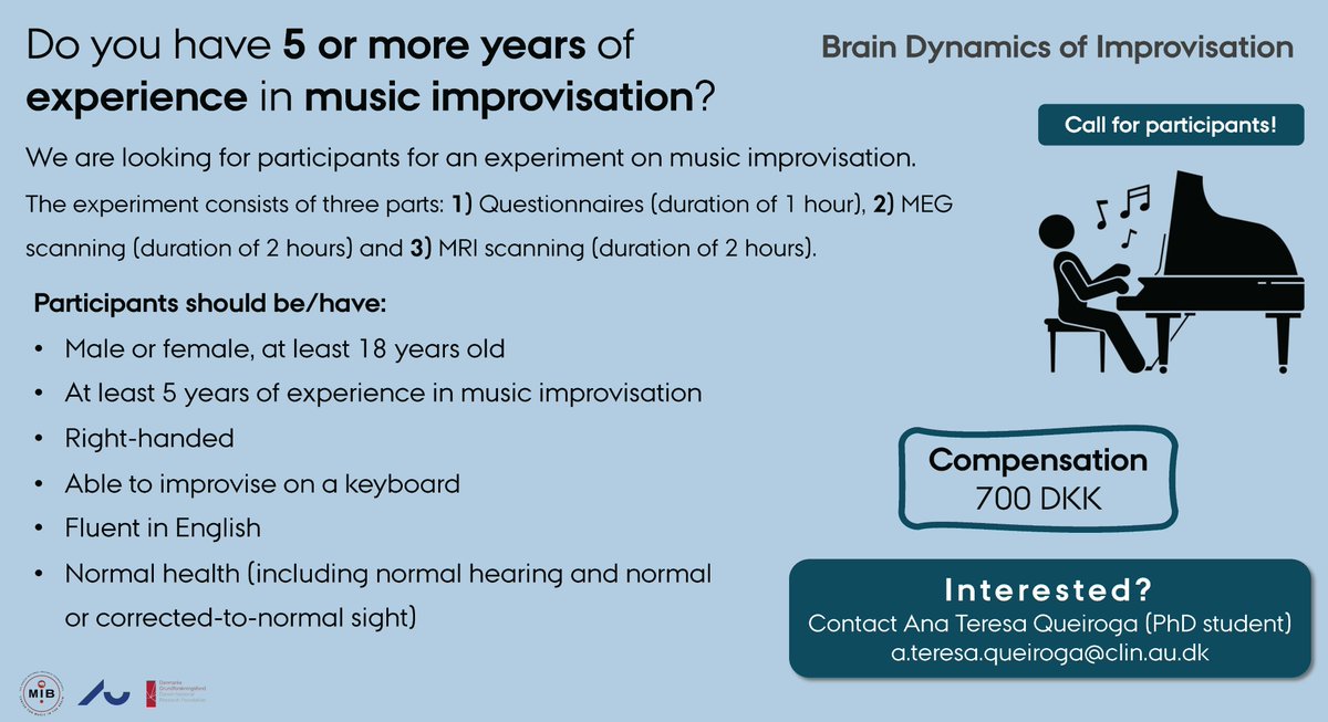 Center for Music in the Brain (@musicbrainau) on Twitter photo Do you have at least 5 years of experience in musical improvisation and can you improvise on a keyboard? Then join our study onsite in Aarhus, Denmark! Want to know more? Contact a.teresa.queiroga@clin.au.dk Do you have at least 5 years of experience in musical improvisation and can you improvise on a keyboard? Then join our study onsite in Aarhus, Denmark! Want to know more? Contact a.teresa.queiroga@clin.au.dk