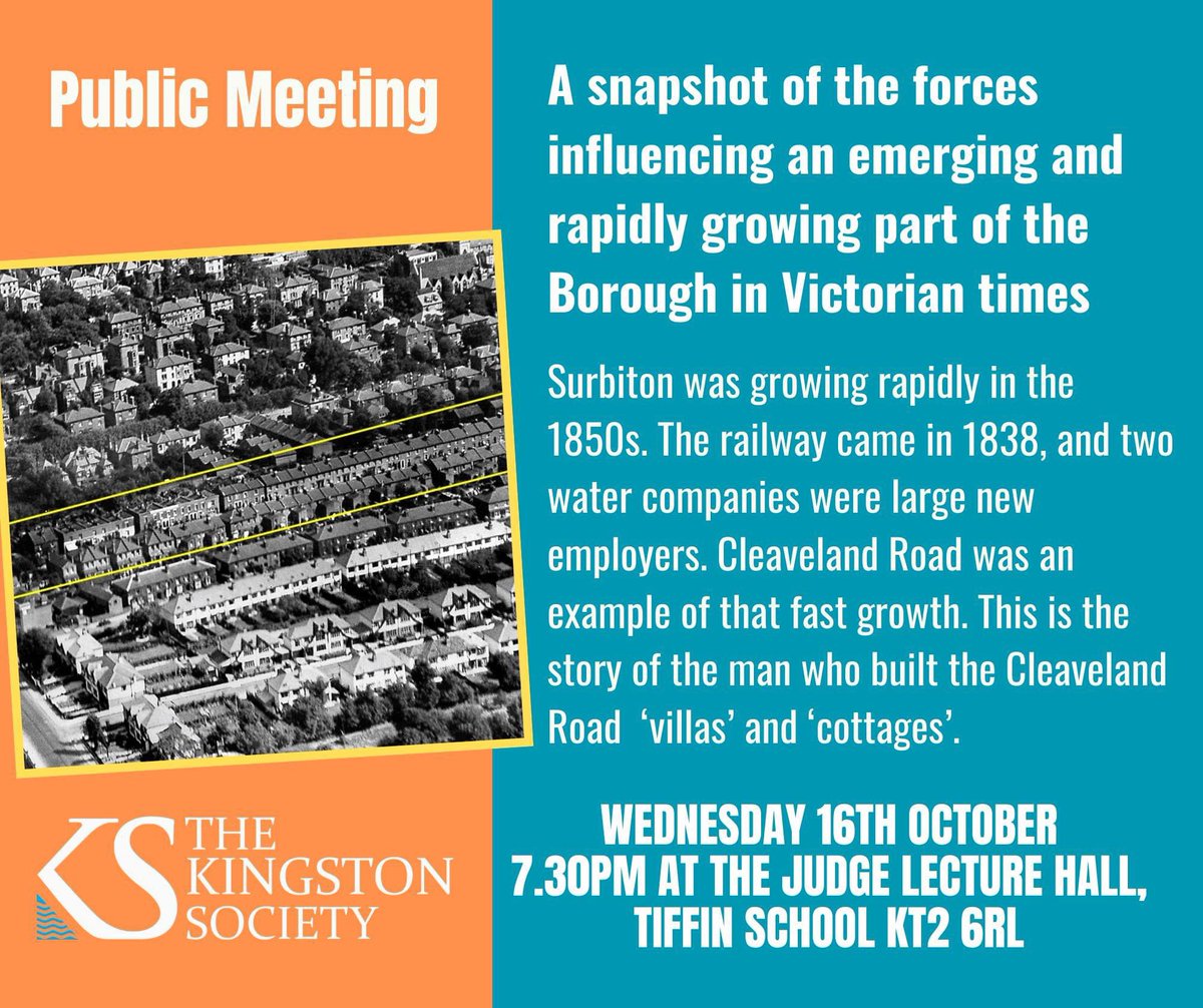 📢 Kingston Society Public Meeting

Kingston’s Victorian Legacy: Bob Phillips presents the story behind a local road and its impact on growth

#CleavelandRoad #localhistory <a href="/thegoodlifesurb/">thegoodlifesurbiton</a> <a href="/KingstonNubNews/">Kingston Nub News</a> 

🗓 Wed, October 16, 7:30pm
📍 Tiffin School - Judge Lecture Hall