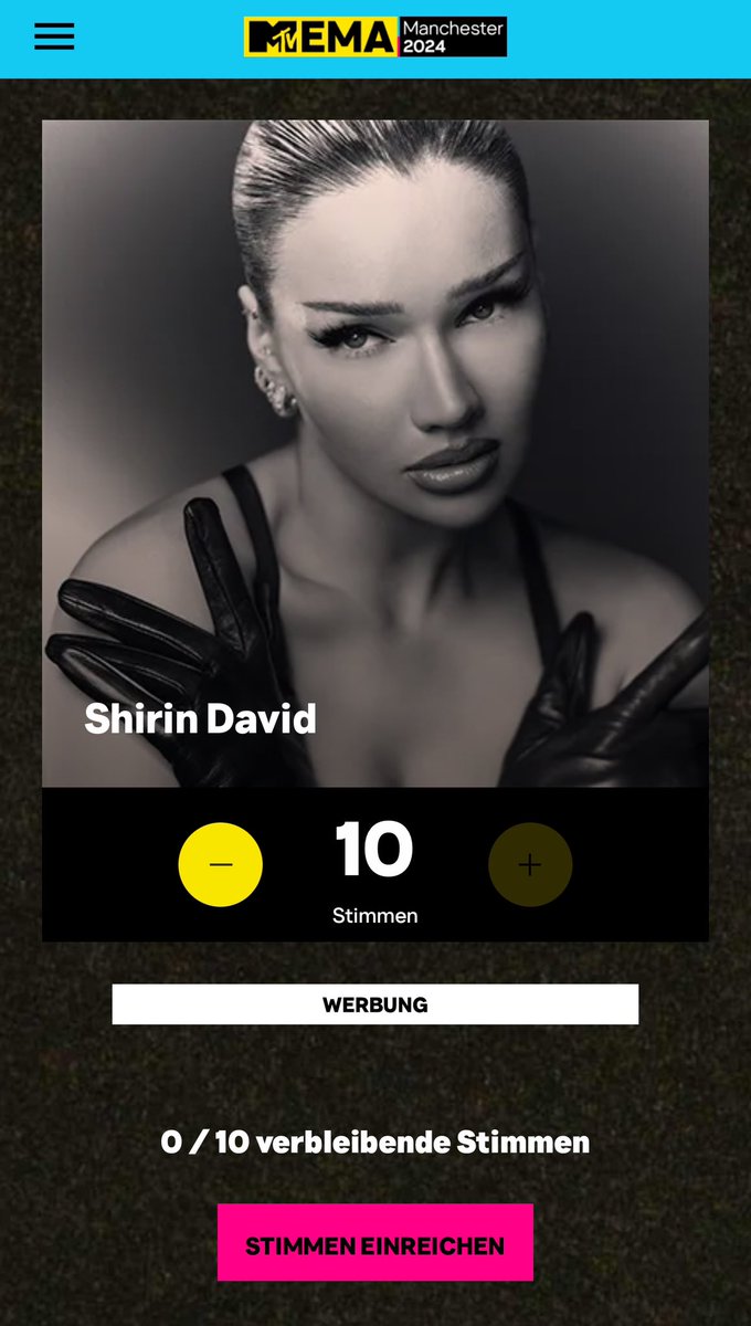 fynnlennnart's tweet image. 🚨 @ShirinDavid ist dieses Jahr wieder als „Best German Act“ bei den MTV EMAs nominiert!🤯

Lasst uns dieses Mal den Award holen 🏆

Man kann unter folgendem Link täglich 10x Stimmen abgeben:

mtvema.com/de-de/wahl/bes… 

Also auf geht’s, jeden Tag 10x abstimmen, wir rocken das!🫵🏼