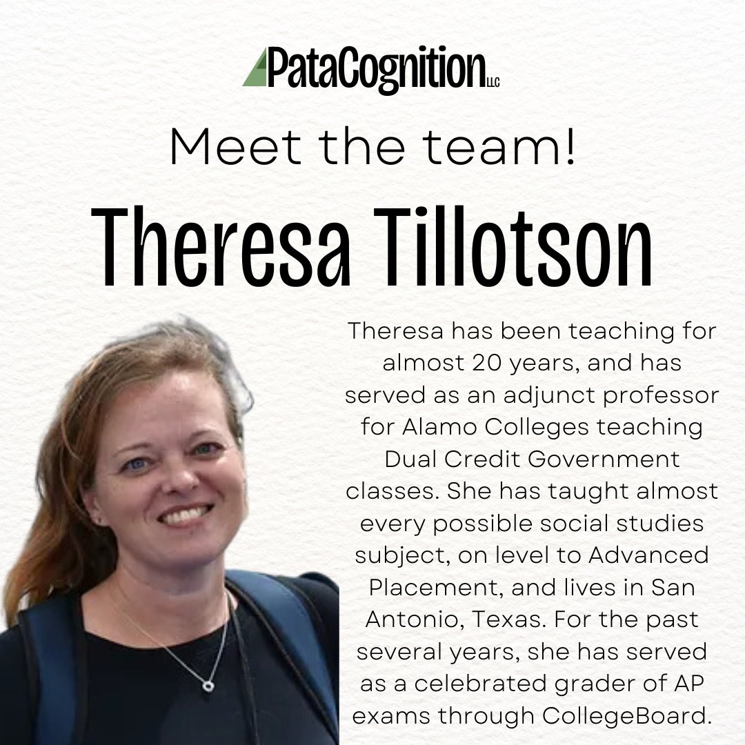 💚 Who is PataCognition? Let's meet our team! This is Theresa Tillotson, one of the co-founders!

⭐ While actively teaching, Theresa manages client relationships and leads innovation. She oversees the South Texas region for PataCognition.