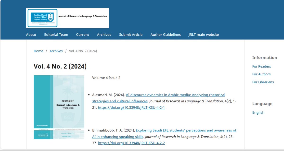 📢 Exciting news! The latest issue of the Journal of Research in Language &amp; Translation (V4, Issue 2) is now available! 🎉 Check it out here: japksu.com/index.php/lang…  #Language #Translation #ResearchJournal