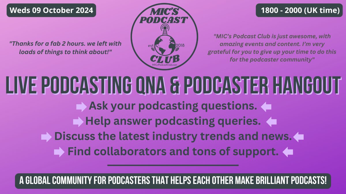 Vic Elizabeth Turnbull (@silentvic) on Twitter photo Podcasters!
Virtual meetup with other awesome podcasters ✅
Ask & answer podcasting questions ✅
Learn new stuff✅
Meet new podcaster buddies ✅
Join <a href="/MICsPodcastClub/">MIC’s Podcast Club</a> monthly meetup!
Weds 9 Oct - 6pm (UK Time)
➡️ RSVP meetup.com/micpod Podcasters!
Virtual meetup with other awesome podcasters ✅
Ask & answer podcasting questions ✅
Learn new stuff✅
Meet new podcaster buddies ✅
Join <a href="/MICsPodcastClub/">MIC’s Podcast Club</a> monthly meetup!
Weds 9 Oct - 6pm (UK Time)
➡️ RSVP meetup.com/micpod