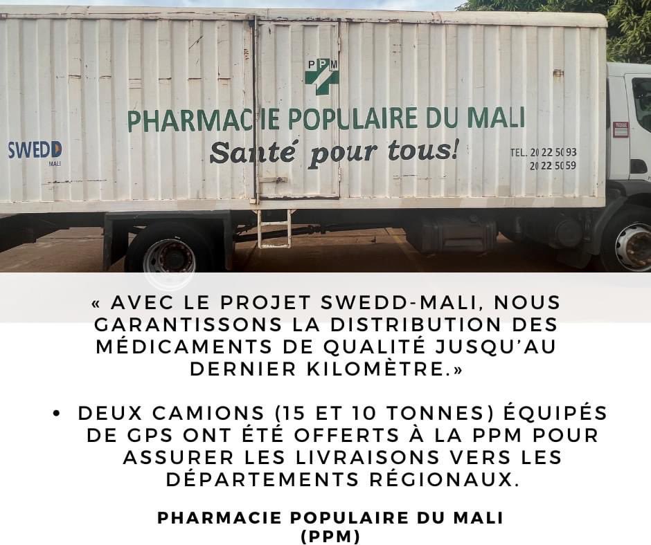 #SWEDDMali_Impact #SWEDDHeroines 
Dans le souci de couvrir l’étendue du territoire et fournir des produits de qualité jusqu’au dernier kilomètre, SWEDD-Mali a doté la Pharmacie Populaire du Mali de: 
0️⃣2️⃣camions
0️⃣2️⃣ vannettes
0️⃣2️⃣chariots élévateurs
Et 0️⃣2️⃣ appareils de filmage