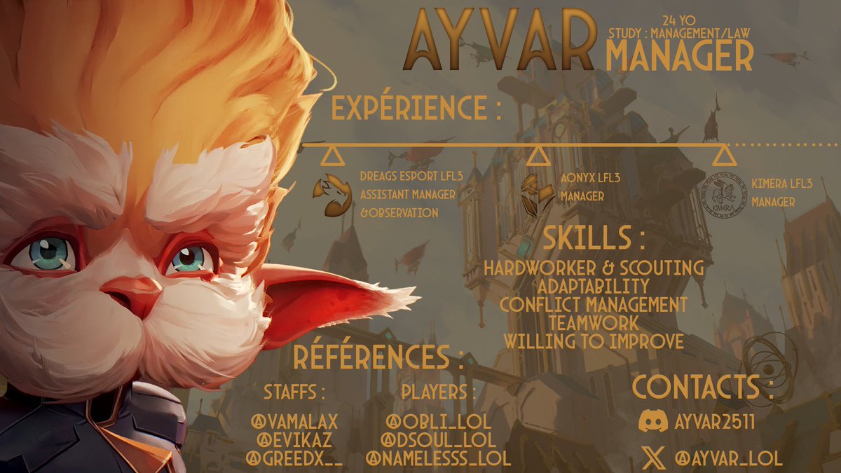 Hello ! 

After a season with Aonyx/<a href="/OmerixEsport/">Omerix</a> , i'm LFT for 2025 season as Assistant Project Manager/Manager.

Interested mainly for assistant in ERL1/2 , but I'll consider every NT offers as manager/assistant.

Ref : <a href="/Vamalax/">Vamalax</a> <a href="/Evikaz/">Evikaz</a> <a href="/GreeDX___/">GreeDX</a> <a href="/Obli_LOL/">ObIi</a> 

Rt Appreciated !