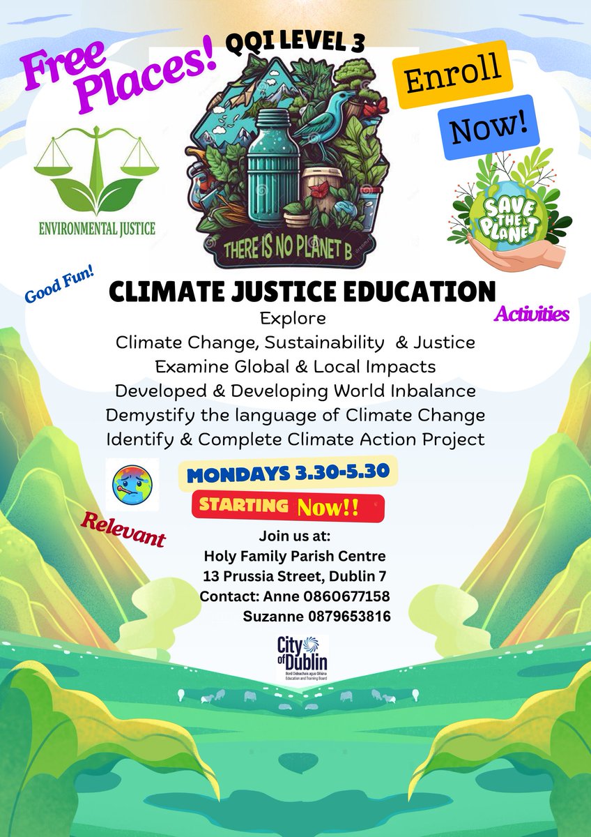 City of Dublin ETB Adult Education Guidance (@dicaegs1) on Twitter photo ๐ Join the Climate Justice Education course at Holy Family Parish Centre, Dublin 7! Learn about climate change, sustainability & more.
๐
Mondays 3:30-5:30 PM
Contact: Anne 0860677158 / Suzanne 0879653816
#ClimateAction #FreeCourse <a href="/CityofDublinETB/">City of Dublin ETB</a> ๐ Join the Climate Justice Education course at Holy Family Parish Centre, Dublin 7! Learn about climate change, sustainability & more.
๐
Mondays 3:30-5:30 PM
Contact: Anne 0860677158 / Suzanne 0879653816
#ClimateAction #FreeCourse <a href="/CityofDublinETB/">City of Dublin ETB</a>