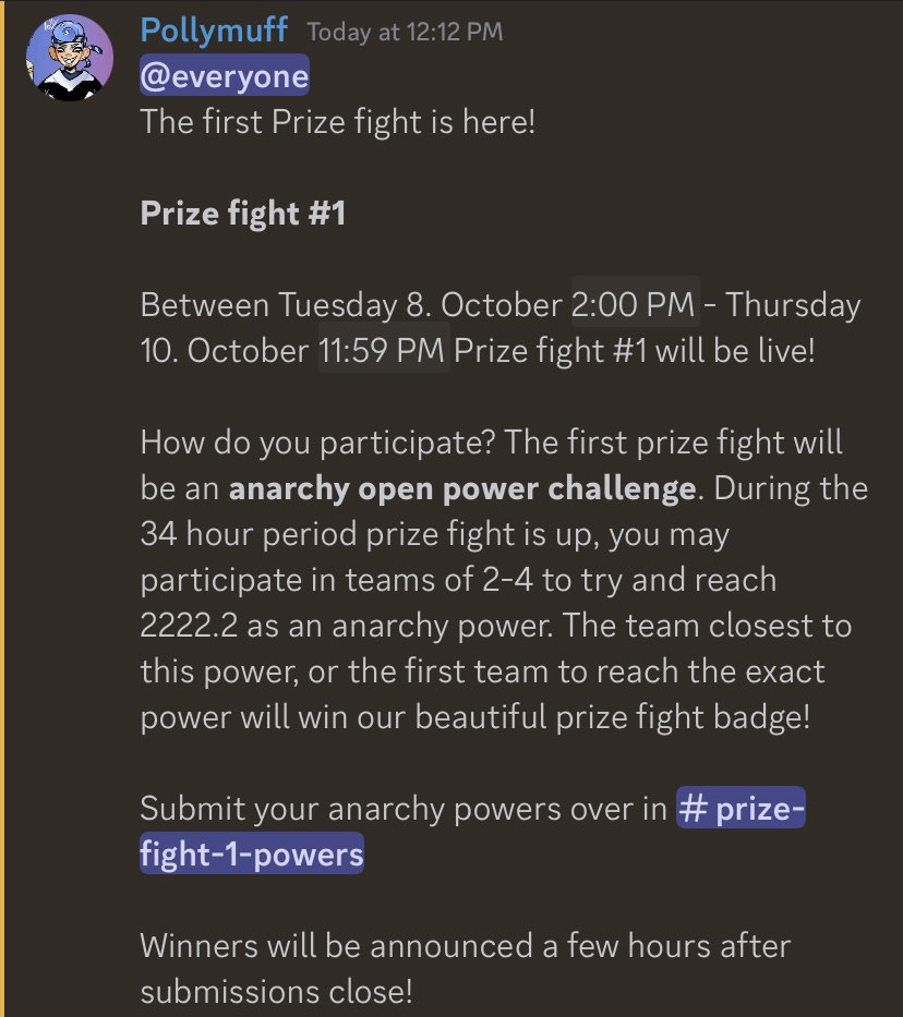 Pollymuff08's tweet photo. Want to win a shiny new badge? Come participate in prize fight, an open entry gimmick series! The first prize fight will be an anarchy open power challenge! Link to the server below!

Retweet so we can reach more people🙏 https://t.co/LfyDZ1XyeJ