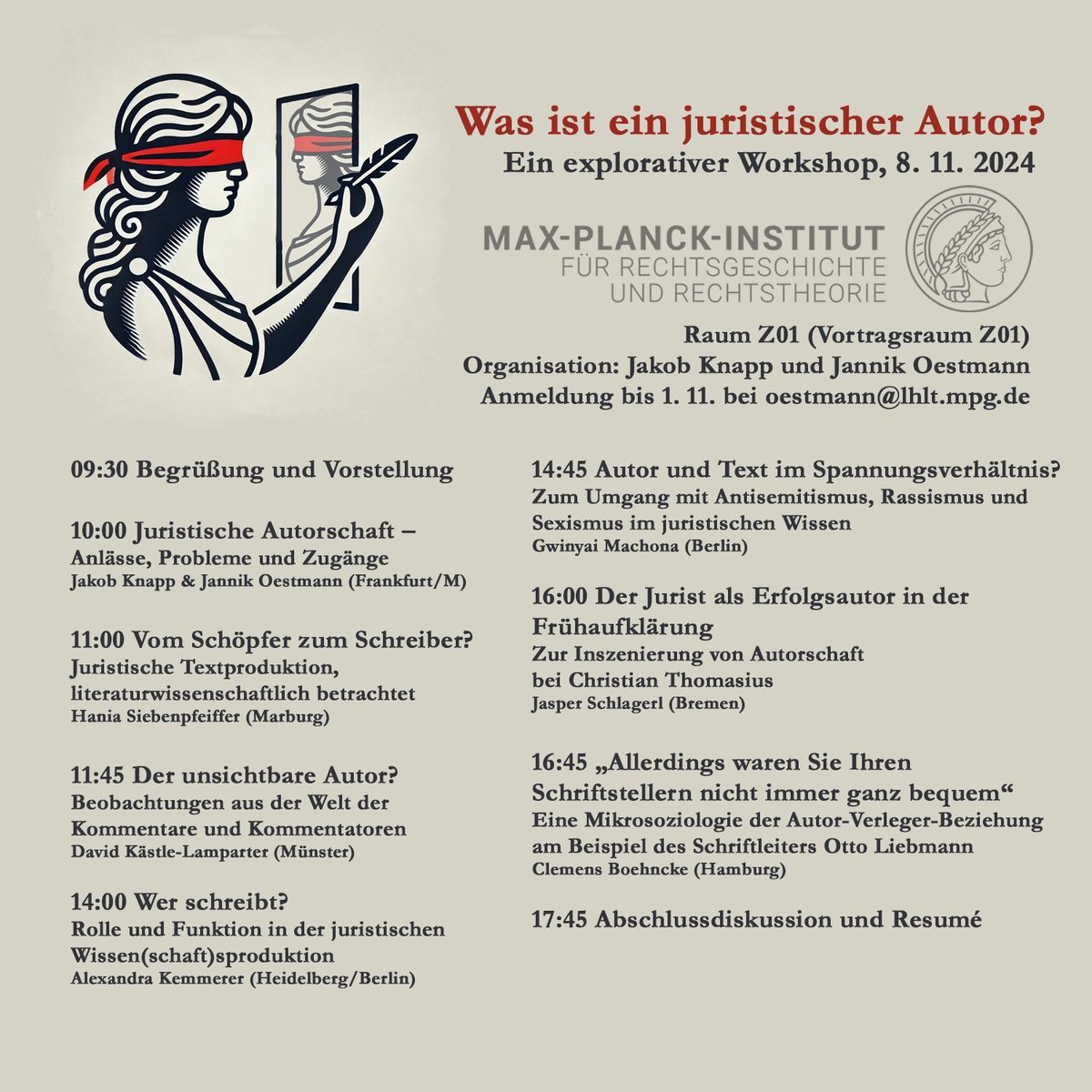 Jannik Oestmann (@jannikoestmann) on Twitter photo Juristen sind nicht nur Ausleger des Rechts, sondern auch seine Verfasser, Schreiber und Schöpfer – aber sind sie damit auch Autoren?
Am 8. 11. veranstalten <a href="/JakobKnapp4/">Jakob Knapp</a> und ich am <a href="/mpilhlt/">MPI Legal History and Legal Theory</a> einen Workshop zu juristischer Autorschaft:
lhlt.mpg.de/events/39489/2… Juristen sind nicht nur Ausleger des Rechts, sondern auch seine Verfasser, Schreiber und Schöpfer – aber sind sie damit auch Autoren?
Am 8. 11. veranstalten <a href="/JakobKnapp4/">Jakob Knapp</a> und ich am <a href="/mpilhlt/">MPI Legal History and Legal Theory</a> einen Workshop zu juristischer Autorschaft:
lhlt.mpg.de/events/39489/2…