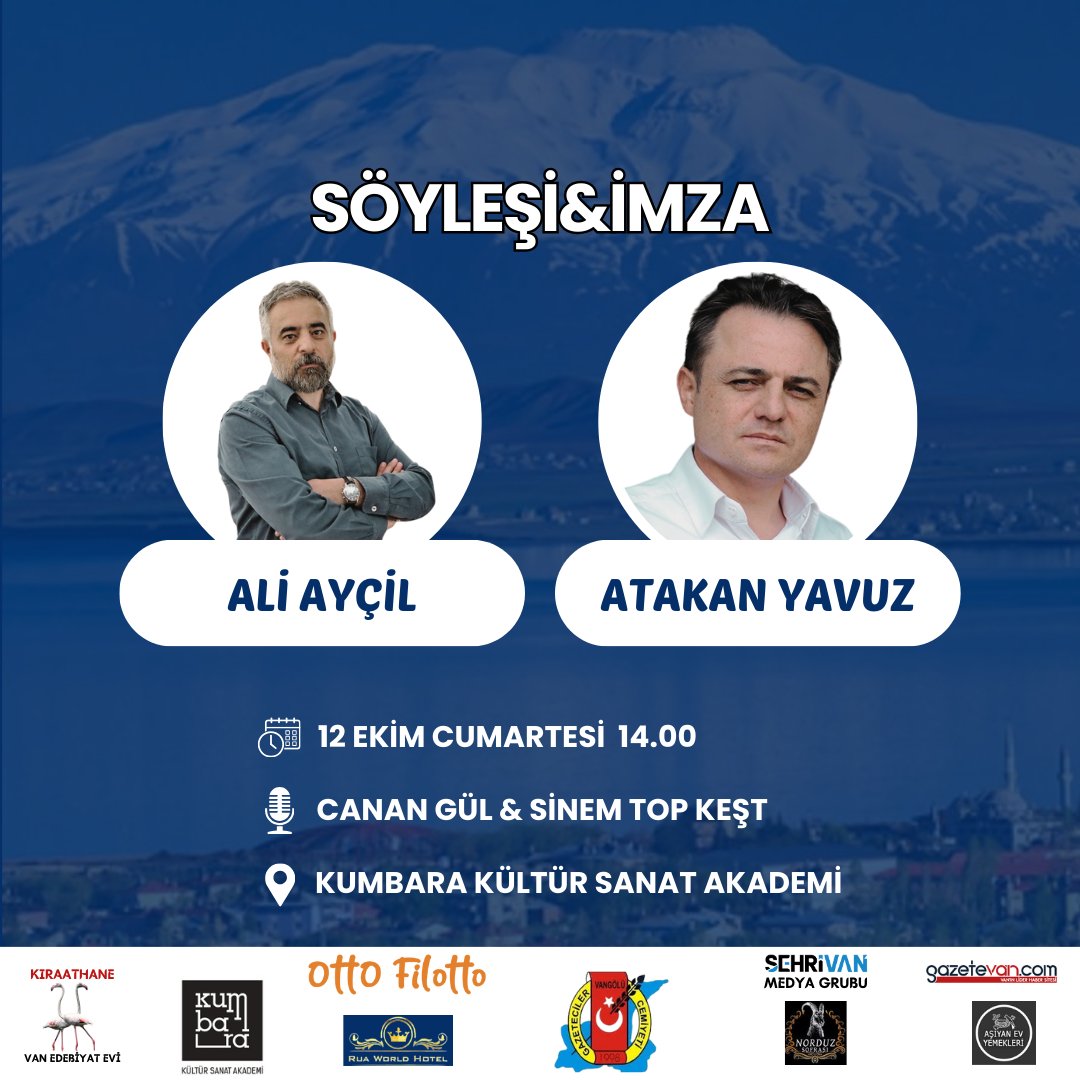 📌 Söyleşi-İmza 
📅12 Ekim Cumartesi⏰14.00
📍 Kumbara Kültür Sanat Akademi 

❗ Etkinlik ve Kitaplar Ücretsizdir 

<a href="/AycilAli/">Ali Ayçil</a> <a href="/atakanmyavuz/">atakan yavuz</a> <a href="/akindincer/">Mehmet Akın Dinçer</a> <a href="/orhandha/">ORHAN AŞAN</a> <a href="/YunusEmreAykac/">Yunus Emre Aykaç</a> <a href="/vgckurumsal/">Vangölü Gazeteciler Cemiyeti</a> <a href="/Karakas_arif/">Arif Karakaş</a> <a href="/OnyNuri/">Osman Nuri Yıldız</a> <a href="/kumbaraakademi/">Kumbara Kültür Sanat Akademi</a>