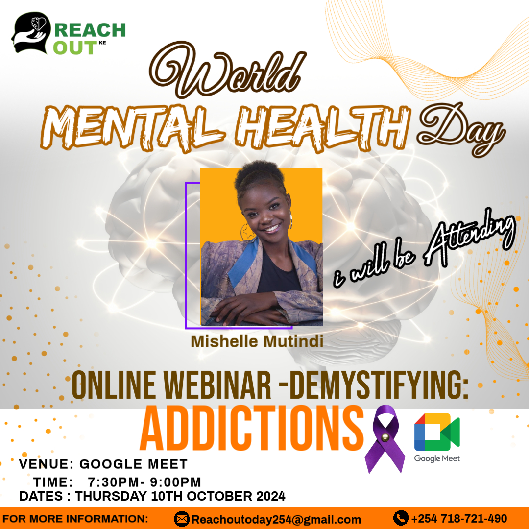 Reach_OutKe1's tweet photo. We advocate for wellness and good state of our being ,lets converge this coming Thursday to talk about ADDICTION ,its causes and solution as we mark the World Mental Health Day.
Lets Join in the Conversation
Use and Share the Link Below.
https://t.co/aXyE9uBTIr https://t.co/WNwA4SQMIl