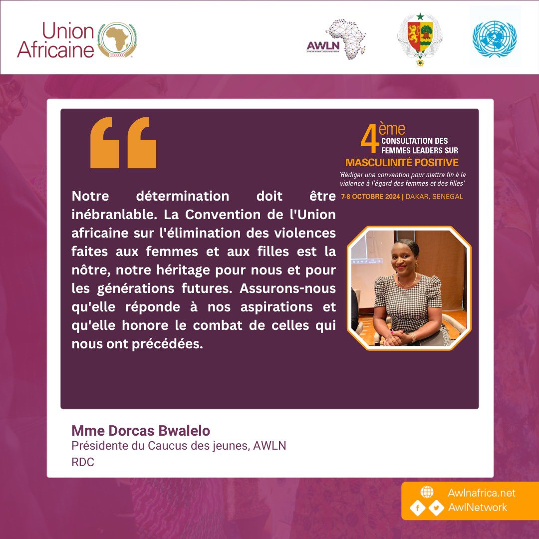Extrait de la déclaration de Mme Dorcas Bwalelo, Présidente du Caucus des jeunes de l'AWLN RDC. Elle affirme que la convention est pour nous et pour les générations futures. Elle s’exprimait lors de la consultation régionale sur la #masculinitépositive . 

#awln #femmeleader #UA