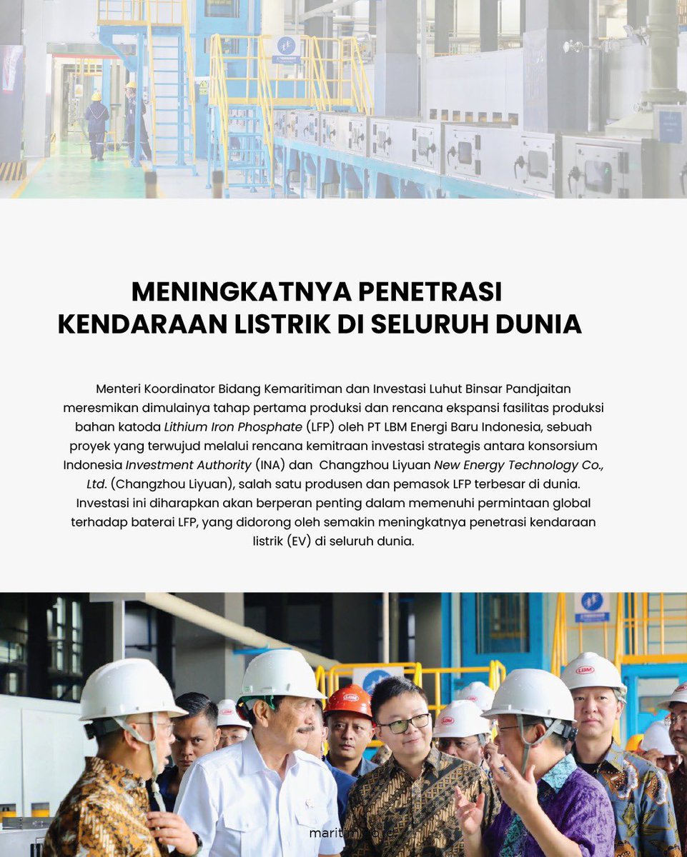 KemenkoInfra's tweet photo. Hai #TimMarves, Menko Marves Luhut B. Pandjaitan meresmikan dimulainya tahap pertama produksi dan rencana ekspansi fasilitas produksi bahan katoda Lithium Iron Phosphate (LFP) oleh PT LBM Energi Baru Indonesia. https://t.co/9QtvJqrjA8