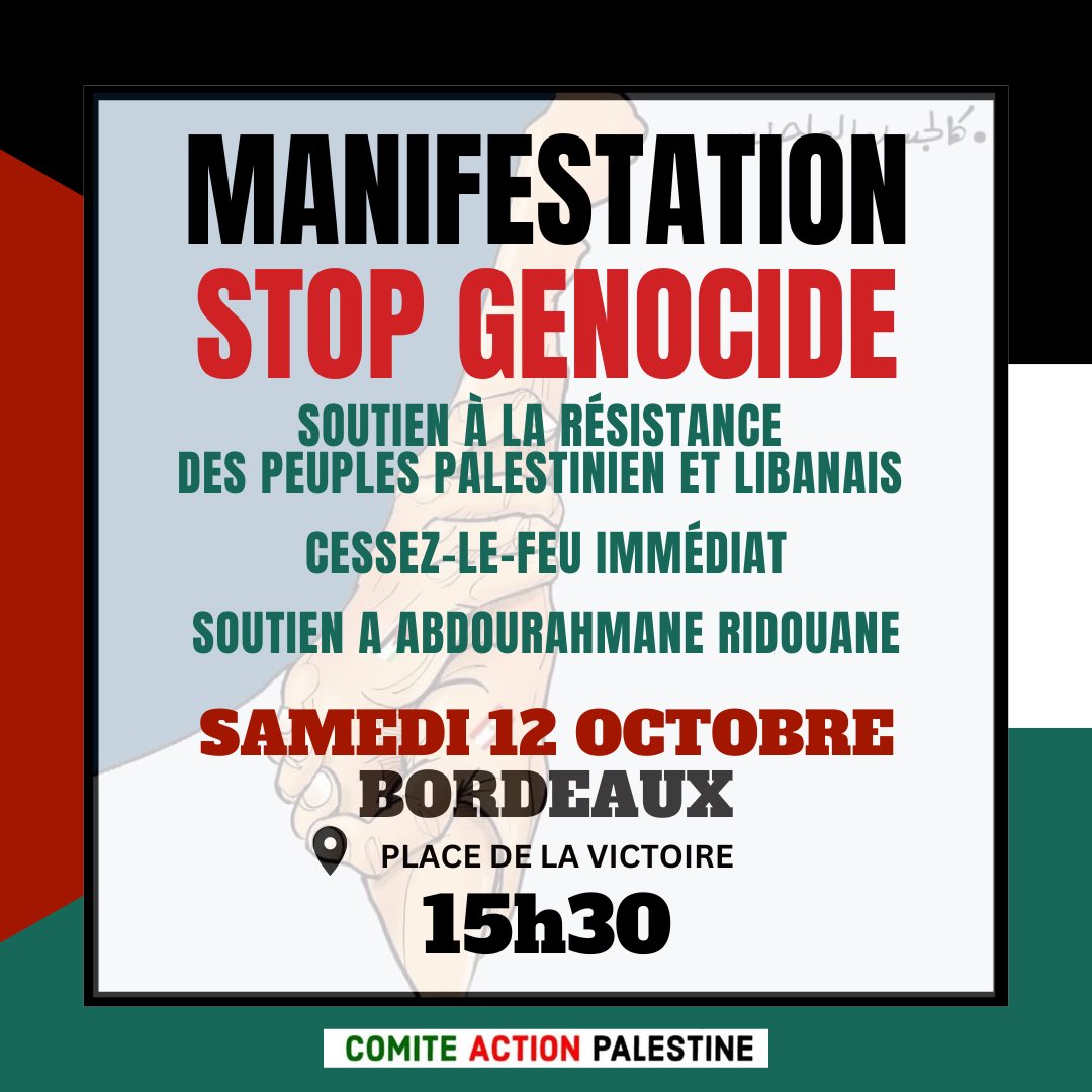51eme manifestation du CAP à Bordeaux en soutien à la résistance des peuples Palestinien et Libanais et pour dénoncer le génocide à Gaza et les crimes sionistes au Liban
Soutien à ts les réprimés pour leur soutien à la 🇵🇸 dont <a href="/a_ridouane/">Abdourahman Ridouane</a> 
#Bordeaux 
#Liban 
#Gaza