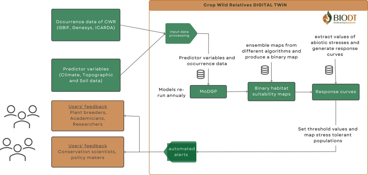 2/11🧵

🌱The #Crop Wild Relatives #prototype #DigitialTwin streamlines the identification &amp; utilisation of novel #genetic resources through automating #data flow, automated #modelling runs, uncertainty analysis &amp; timely alerts.

🔗See: doi.org/10.3897/rio.10….