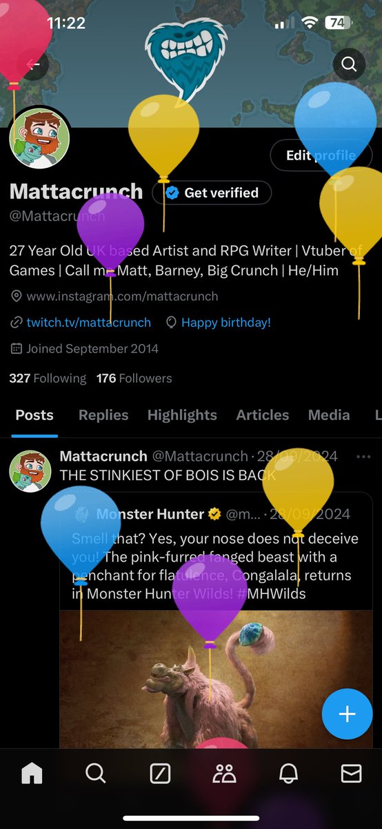 Mattacrunch's tweet photo. It’s balloon day and I’m turning 28! We’re nearing the end of the 20’s soon 👀 https://t.co/TYPAYFm3aX