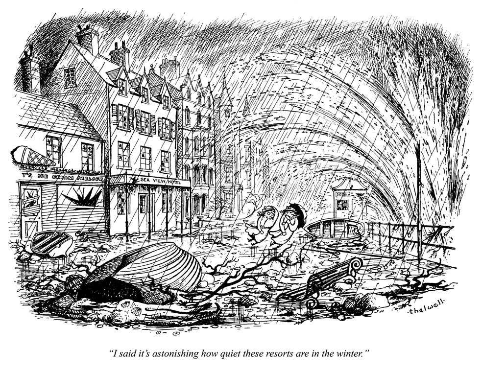 Today's PUNCH Cartoon Classic. “I said it’s astonishing how quiet these resorts are in the winter.” Norman Thelwell 1953 #weather #climate #seasons #storms #waves #walking #walkers #seaside #sea #ocean 🌊🌊🌊