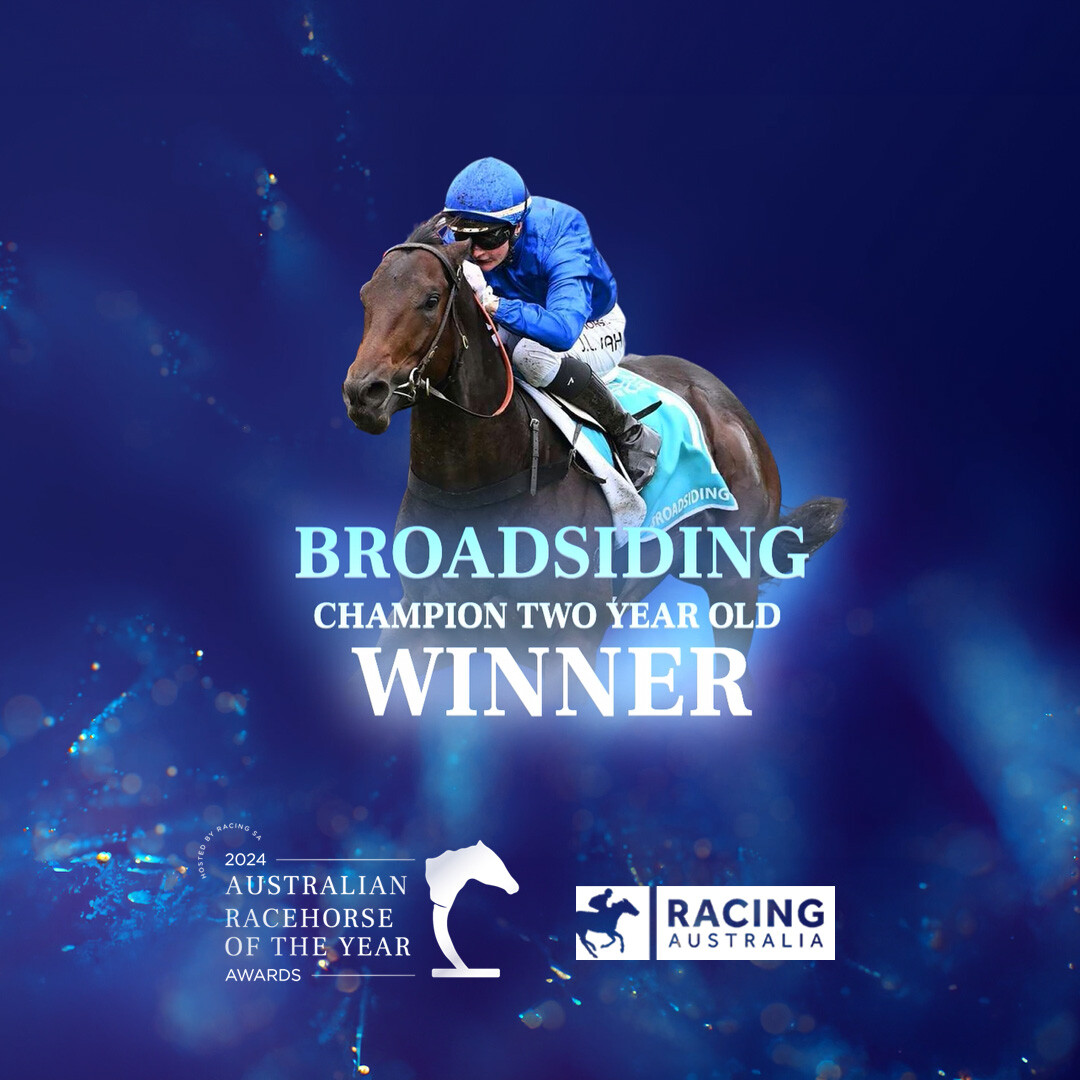 RacingSA's tweet photo. The 2023/24 Champion Two Year Old, Broadsiding!

Congratulations to connections, @godolphin &amp; James Cummings on an outstanding year!

#AustralianRacehorseOfTheYearAwards https://t.co/9AOZGH1CC0