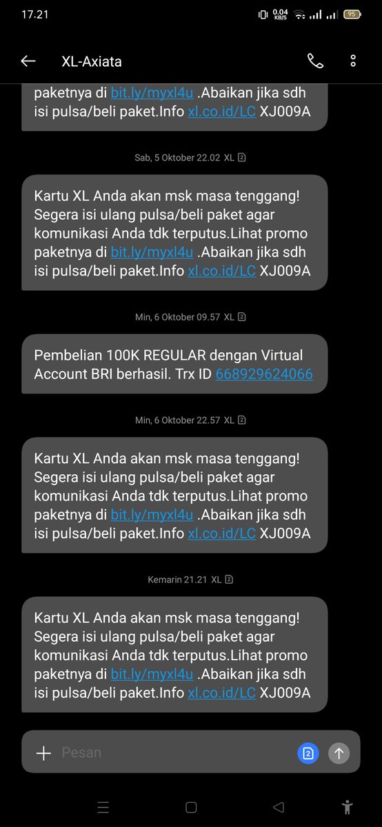 MustDwi001's tweet photo. @myXL Min, kenapa sampai sekarang masih dapat SMS spam dari XL ya? Padahal sudah isi pulsa juga. Minggu pagi isi pulsa malam dapat SMS spam lagi. https://t.co/uVEoQufeFa