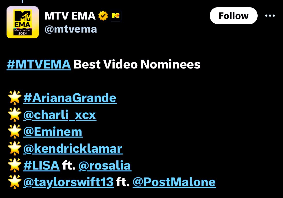 LaliceUpdates's tweet photo. #LISA (@wearelloud) has received 4 nominations at the @mtvema 2024: 

“Best K-Pop” 
🔗 https://t.co/Bb7pquvGqN

“Best Collaboration” - New Woman Ft @rosalia 
🔗 https://t.co/JrxyE5QnMm

“Biggest Fans” (This category is not open for voting yet. Check back soon for details on how and when to vote!)

“Best Video” - New Woman Ft @rosalia (The winner for this category is chosen by @MTV)