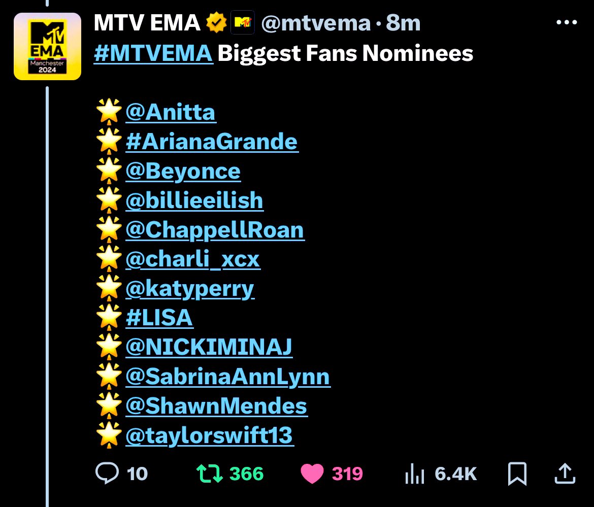 LaliceUpdates's tweet photo. #LISA (@wearelloud) has received 4 nominations at the @mtvema 2024: 

“Best K-Pop” 
🔗 https://t.co/Bb7pquvGqN

“Best Collaboration” - New Woman Ft @rosalia 
🔗 https://t.co/JrxyE5QnMm

“Biggest Fans” (This category is not open for voting yet. Check back soon for details on how and when to vote!)

“Best Video” - New Woman Ft @rosalia (The winner for this category is chosen by @MTV)