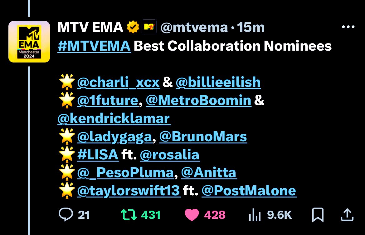 LaliceUpdates's tweet photo. #LISA (@wearelloud) has received 4 nominations at the @mtvema 2024: 

“Best K-Pop” 
🔗 https://t.co/Bb7pquvGqN

“Best Collaboration” - New Woman Ft @rosalia 
🔗 https://t.co/JrxyE5QnMm

“Biggest Fans” (This category is not open for voting yet. Check back soon for details on how and when to vote!)

“Best Video” - New Woman Ft @rosalia (The winner for this category is chosen by @MTV)