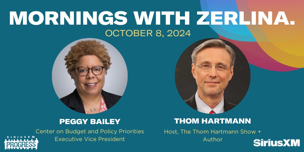 Tuesday tidings! Joining @ZerlinaMaxwell: <a href="/CenterOnBudget/">Center on Budget</a> Executive Vice President <a href="/PeggyBaileyDC/">Peggy Bailey</a> + Host of The Thom Hartmann Show &amp; author of the new book 'The Hidden History of the American Dream' <a href="/Thom_Hartmann/">Thom Hartmann</a>!

☎️866-997-4748
📻<a href="/SiriusXMProg/">SiriusXMProg.bsky.social</a> Ch. 127
siriusxm.us/Zerlina