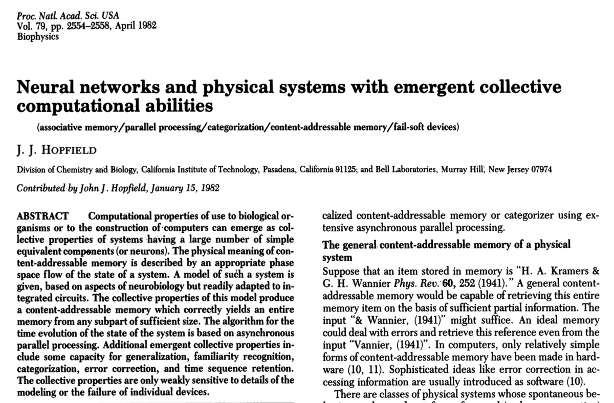 SebastianSeung's tweet photo. The theoretical physics approach to neural nets was launched by @HopfieldJohn in this classic 1982 paper that introduced the "energy function" to associative memory models. https://t.co/HekdYdvvJc https://t.co/dsJIg14IkH