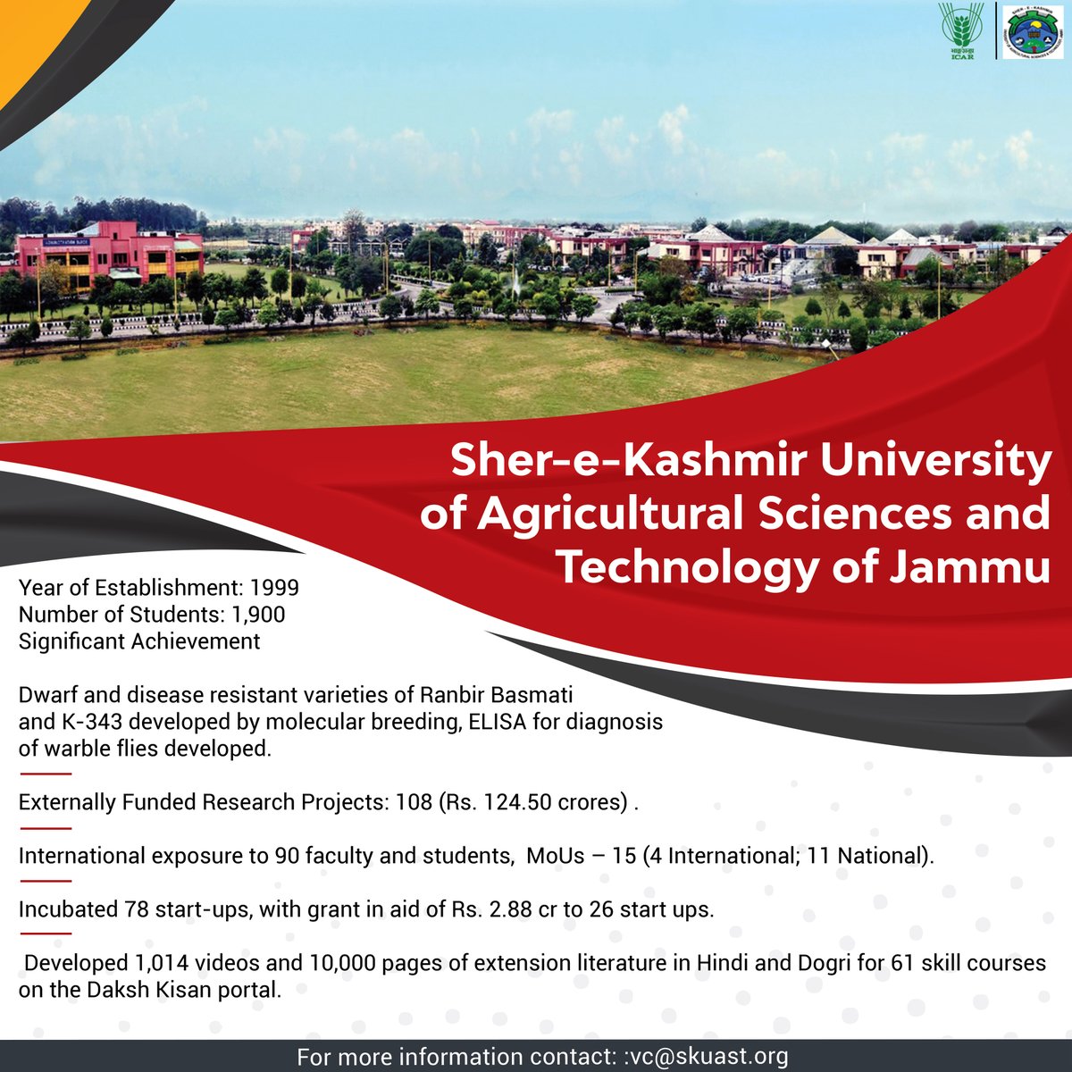 icarindia's tweet photo. Sher-e-Kashmir University of Agricultural Sciences and Technology of Jammu #OneICAR #OneUniversityOneDay #ICAR @PMOIndia @ChouhanShivraj @PIB_India @AgriGoI @mygovindia https://t.co/DxrIvjq0c2