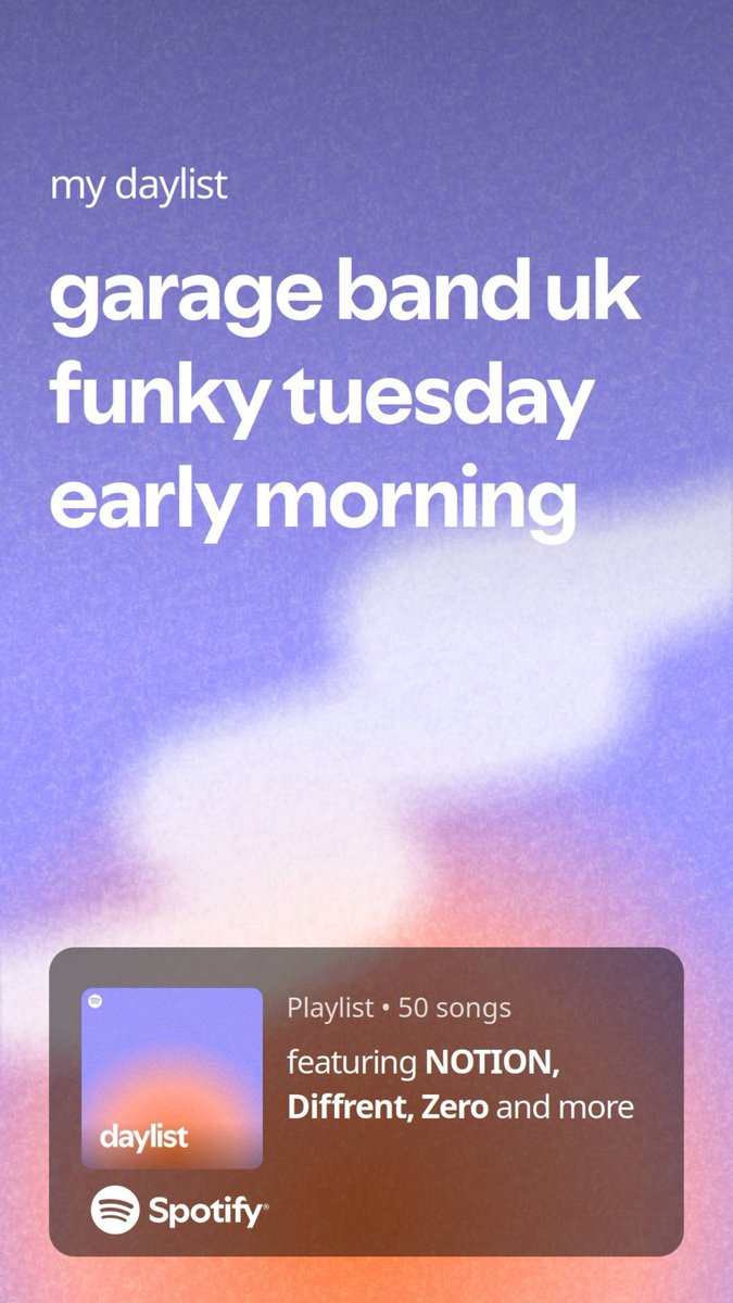 my daylist right now: garage band uk funky tuesday early morning   open.spotify.com/playlist/37i9d…