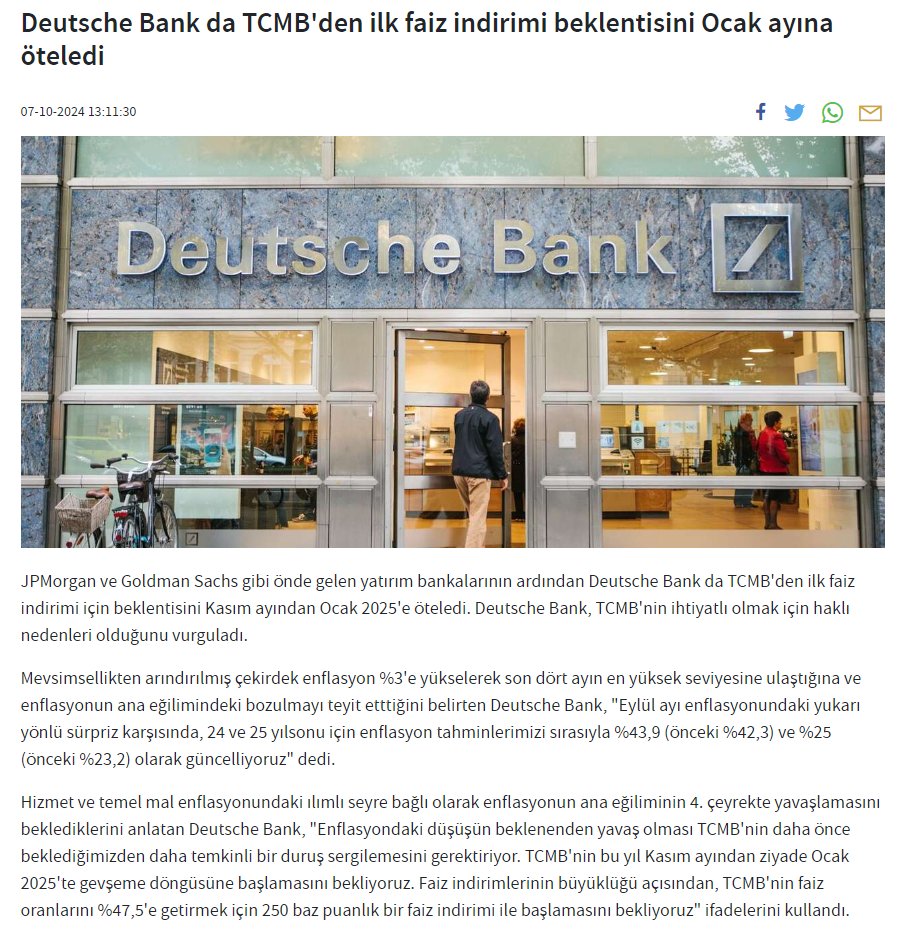 QuantFinans's tweet photo. Deutsche Bank, TCMB'den beklediği ilk faiz indirimi tahminini Ocak ayına erteledi. Kasım ayında indirim bekleyenler, oldukça iyimser bir yaklaşıma sahip. Zira uzun bir aradan sonra pozitif reel getiriye ulaşmışken, faizde yapılacak bir indirim enflasyonu daha da tetikleyebilir. Bu duruma asgari ücrette beklenen zam da eklenince, erken bir faiz indirimi, adeta kendi ayağına sıkmak anlamına gelir.

OVP'de 2024 yılı için %41,5 enflasyon öngörülüyor. Bu oranda asgari ücrete zam gerçekleşmese bile, yapılacak %30'luk bir zam bile enflasyonu yukarı yönlü baskılayacaktır. Citibank da Ocak ayında bir indirim bekliyor. Ben de benzer şekilde Ocak ayını öngörüyorum, ancak asıl belirleyici unsur asgari ücret zammı sonrası Ocak ayında açıklanacak enflasyon verileri olacaktır. Eğer Ocak'ta enflasyon %40-42 civarında gerçekleşirse, en az 250, en fazla 500 baz puanlık bir indirim gelebilir.
#borsa #faiz #bist #bist100 #xu100