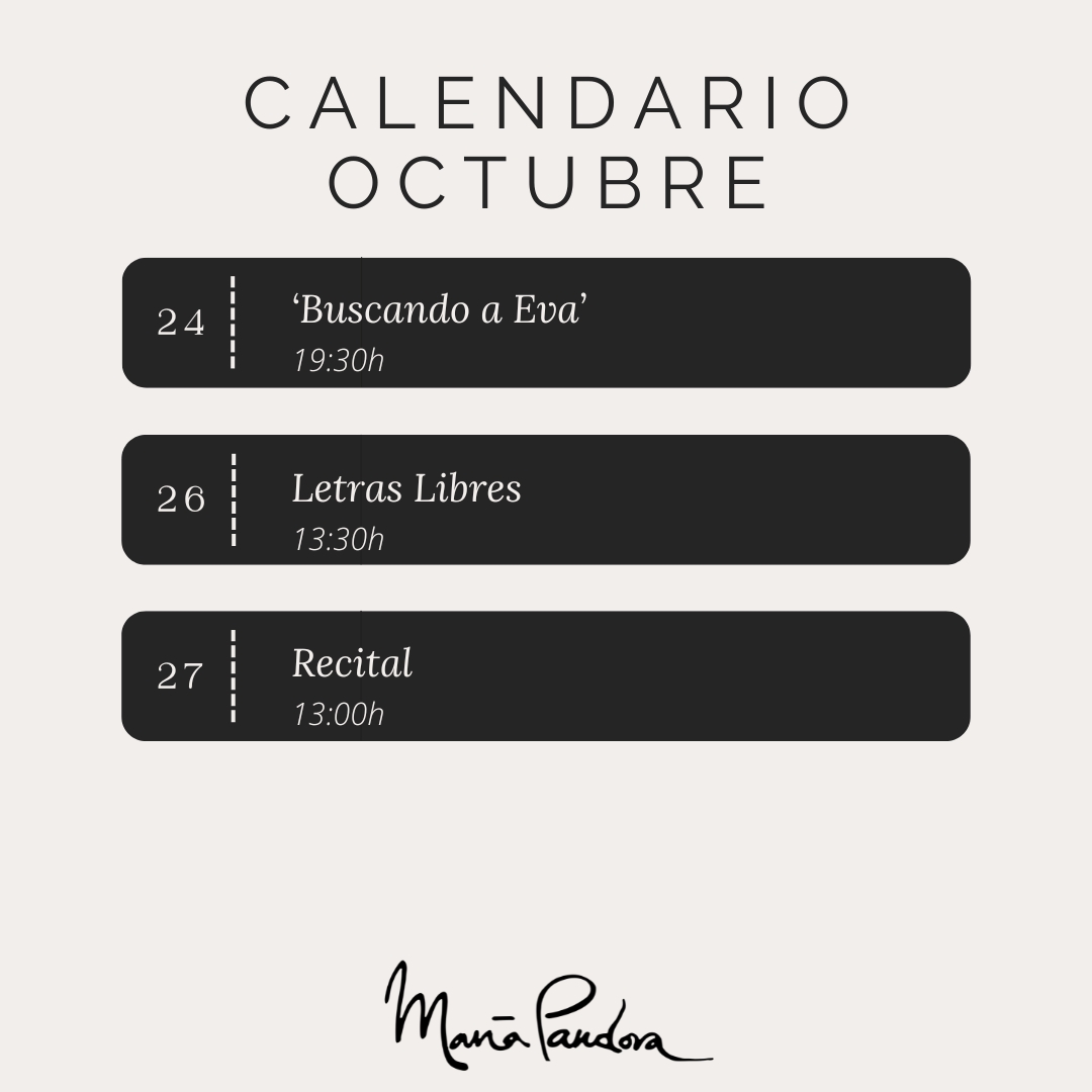 Nuestro calendario de octubre en María Pandora.
#mariapandora #coctelesmadrid #cava #poesía #barcultural