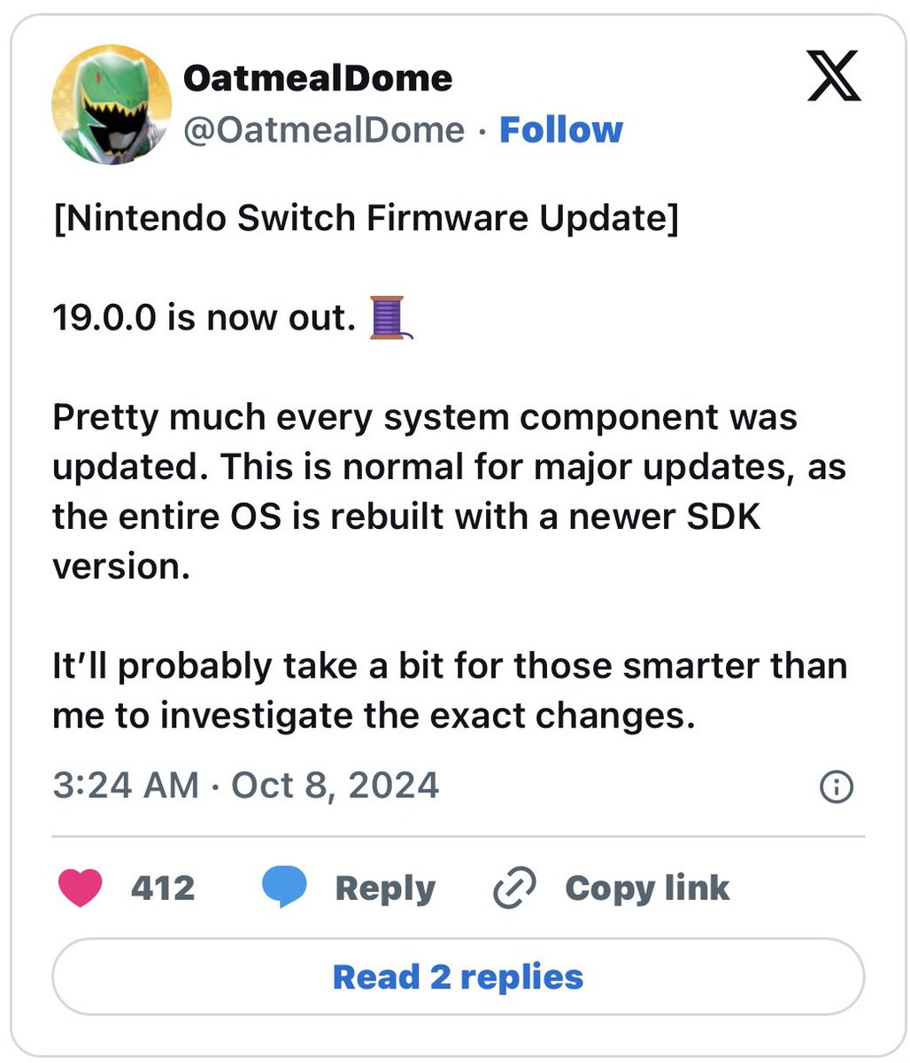 Intelgamehub's tweet image. Nintendo Switch just got a new system update (Version 19.0.0) focused on improving stability! Dataminers confirm that all system components were updated. Still no sign of Switch 2 yet, but lots of great games are on the way! #NintendoSwitch #SwitchUpdate