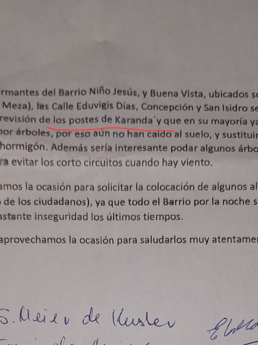 FischerLauro's tweet photo. @ANDEOficial Para que no digan que me pagueo devalde ahí está la nota presentada el 6 de octubre de 2022 por los vecinos de nuestro barrio. Hasta el 08 de octubre de 2024 El poste de karanday sigue igual. También tengo varios reclamos hechos en la aplicación de la ANDE. Sin respuesta tampoco. https://t.co/N1OuyEIzy8