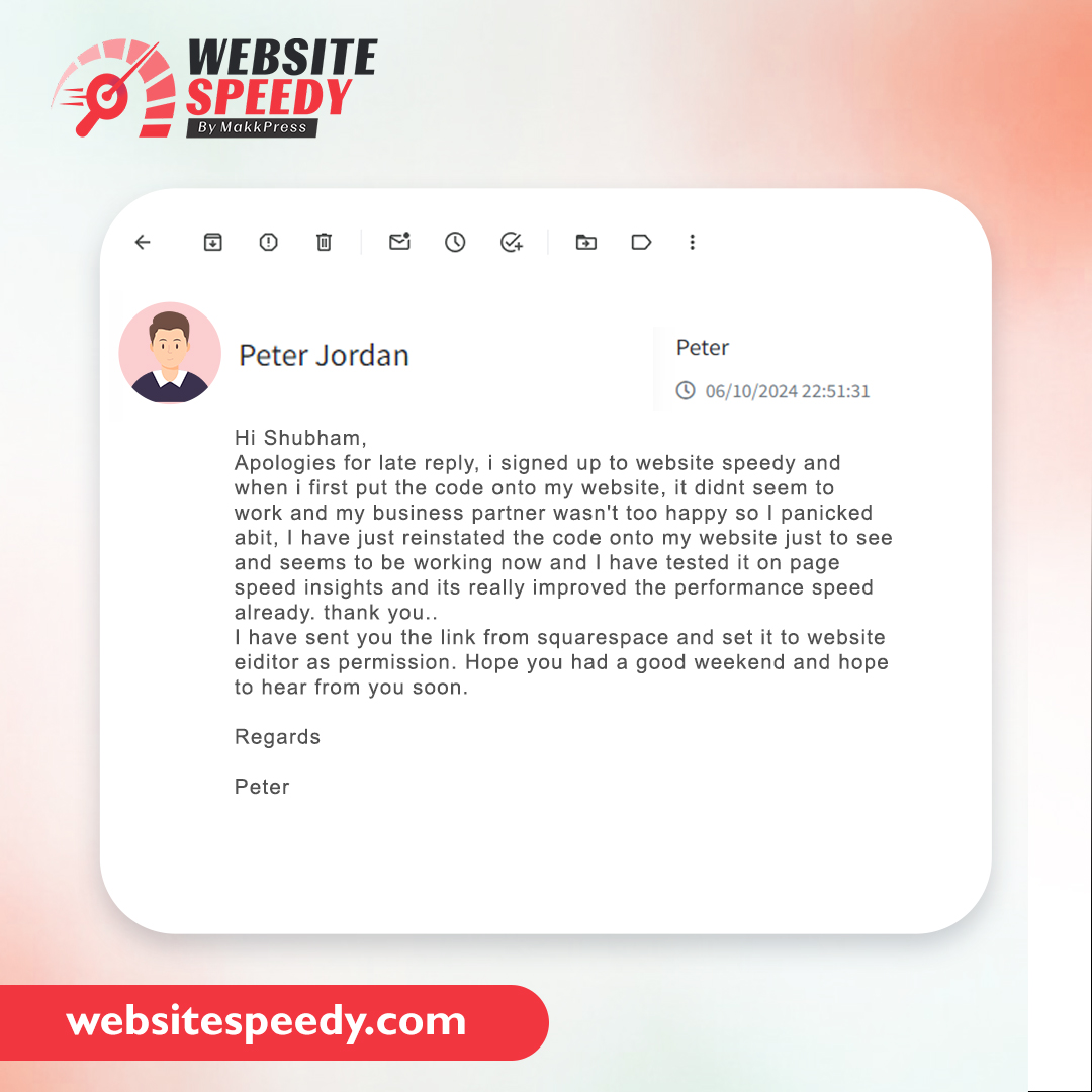 WebsiteSpeedy's tweet image. Another success story! 🚀 Peter&apos;s business partner was impressed by the speed improvements achieved with Website Speedy. Don&apos;t let slow load times hurt your business

Visit our website - websitespeedy.com

#websitespeed #SEO #makkpress #customertestimonial #successstory