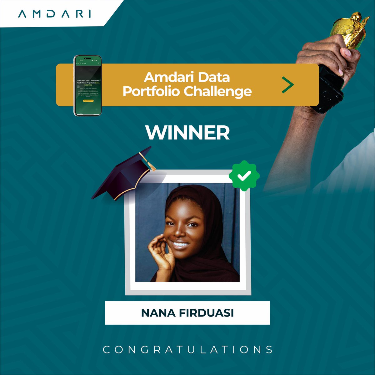 Amdari_IO's tweet image. Nana Firduasi will go home with 100 Canadian dollars and a professional CV review, courtesy of Amdari.
Congratulations!
Who would be the next challenge winner?🥳
#datachallenge #dataprojects #datascientist #dataanalyst #datalover