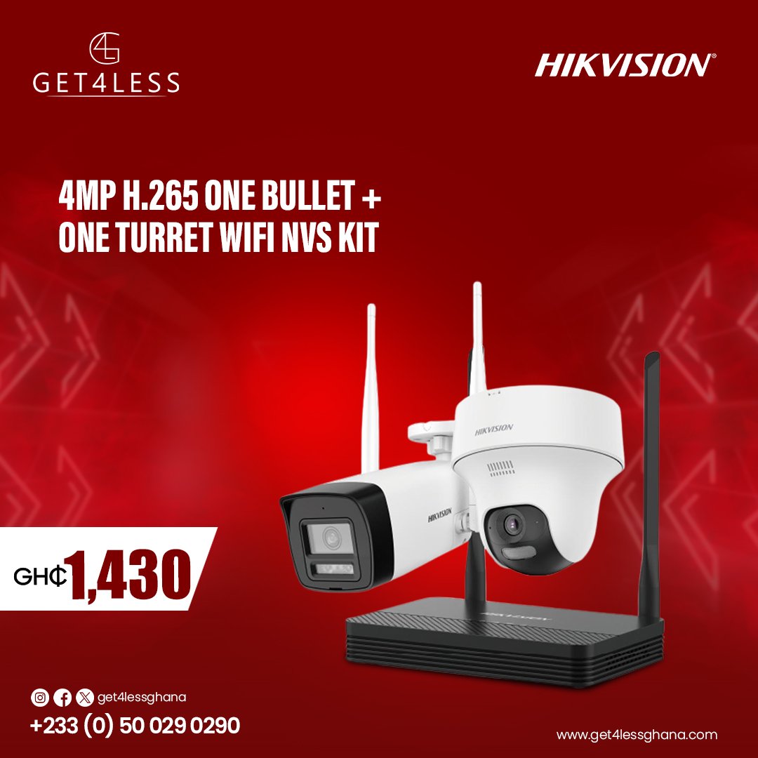 Get4lessGhana's tweet image. Boost your security setup with our 4MP H.265 WiFi NVS Kits—choose from bullet, turret, or 
PT dome combinations for top-notch surveillance and efficiency. Stay protected with 
sharp visuals and wireless convenience!#Get4LessGhana #HIKVISION #4MP #Cameras
#AdvancedSecurity #Hom