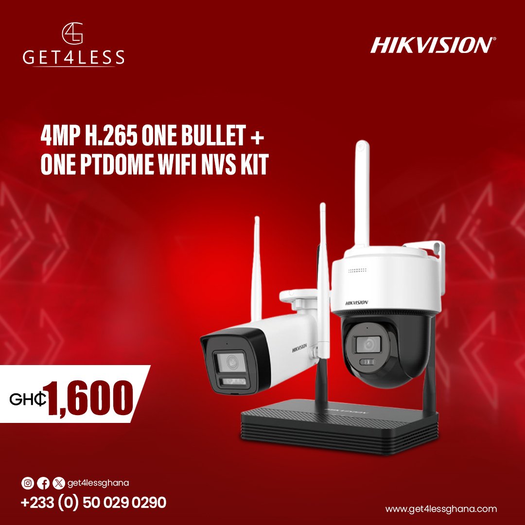 Get4lessGhana's tweet image. Boost your security setup with our 4MP H.265 WiFi NVS Kits—choose from bullet, turret, or 
PT dome combinations for top-notch surveillance and efficiency. Stay protected with 
sharp visuals and wireless convenience!#Get4LessGhana #HIKVISION #4MP #Cameras
#AdvancedSecurity #Hom